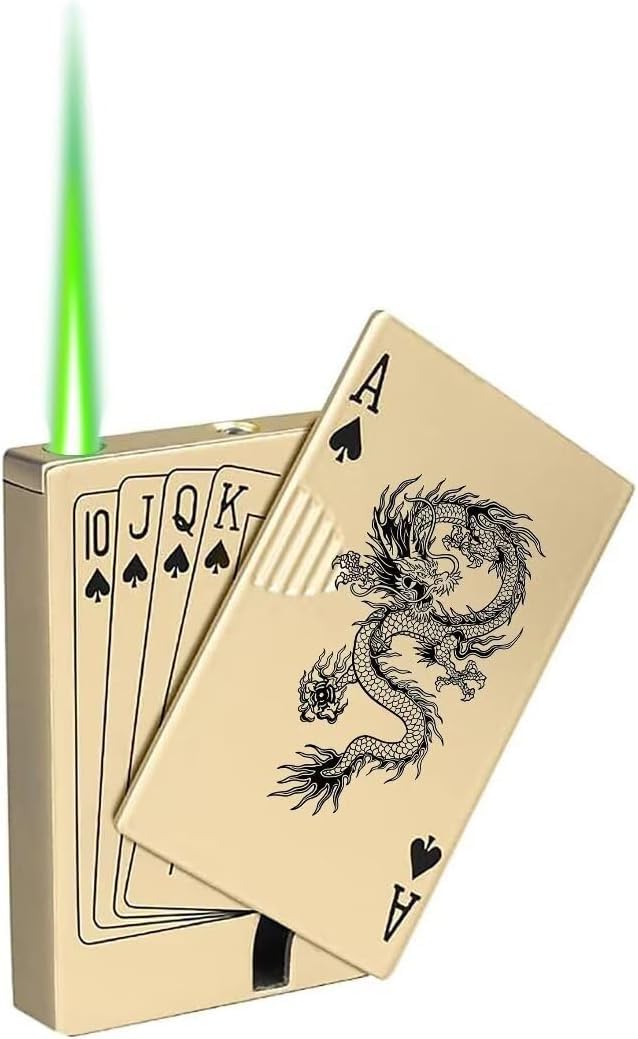Jet Torch Lighter, 2 Pack, Green+Red Flame Ace Card Lighter, Cool Lighter Windproof Poker Design, Refillable Butane, for Outdoor, Indoor, Camping, BBQ, Candle, Birthday, Gift (Without Gas)