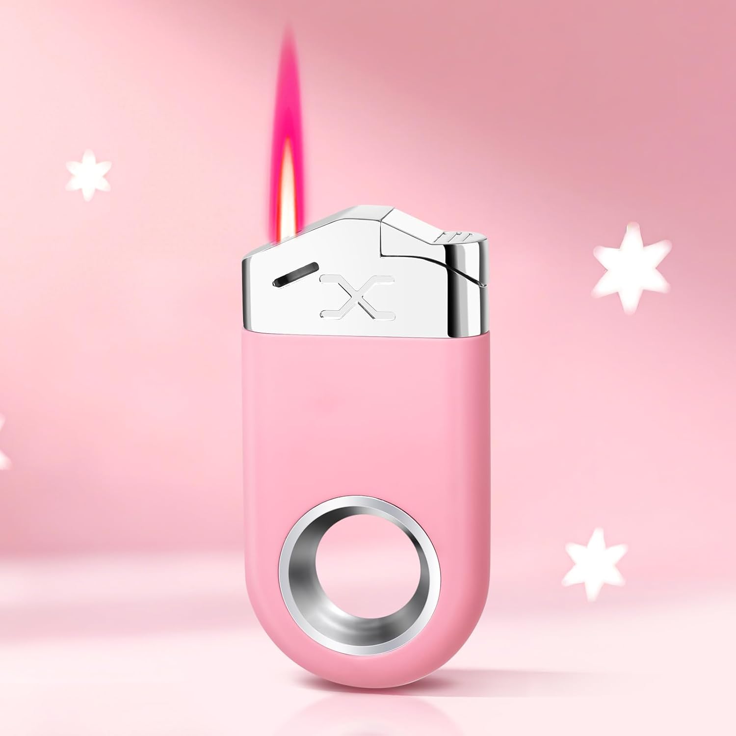 Cool Lighter with Funny Fidget Ring, Pink Keychain Lighters Refillable Butane Torch for Candle BBQ, Creative Gifts for Men Women, EDC Spinner Lighter with Windproof Jet Flame