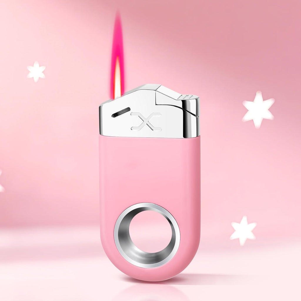 Cool Lighter with Funny Fidget Ring, Pink Keychain Lighters Refillable Butane Torch for Candle BBQ, Creative Gifts for Men Women, EDC Spinner Lighter with Windproof Jet Flame