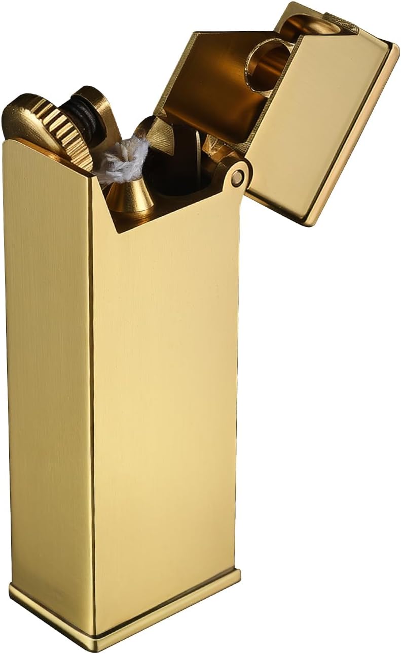 Swiss Vintage Brass Soft-Flame Kerosene Lighter, Refillable, Compact, Grinding Wheel, Unique, Gift Box, Thorens Long Fellow - Inclined Wheel Ignition​