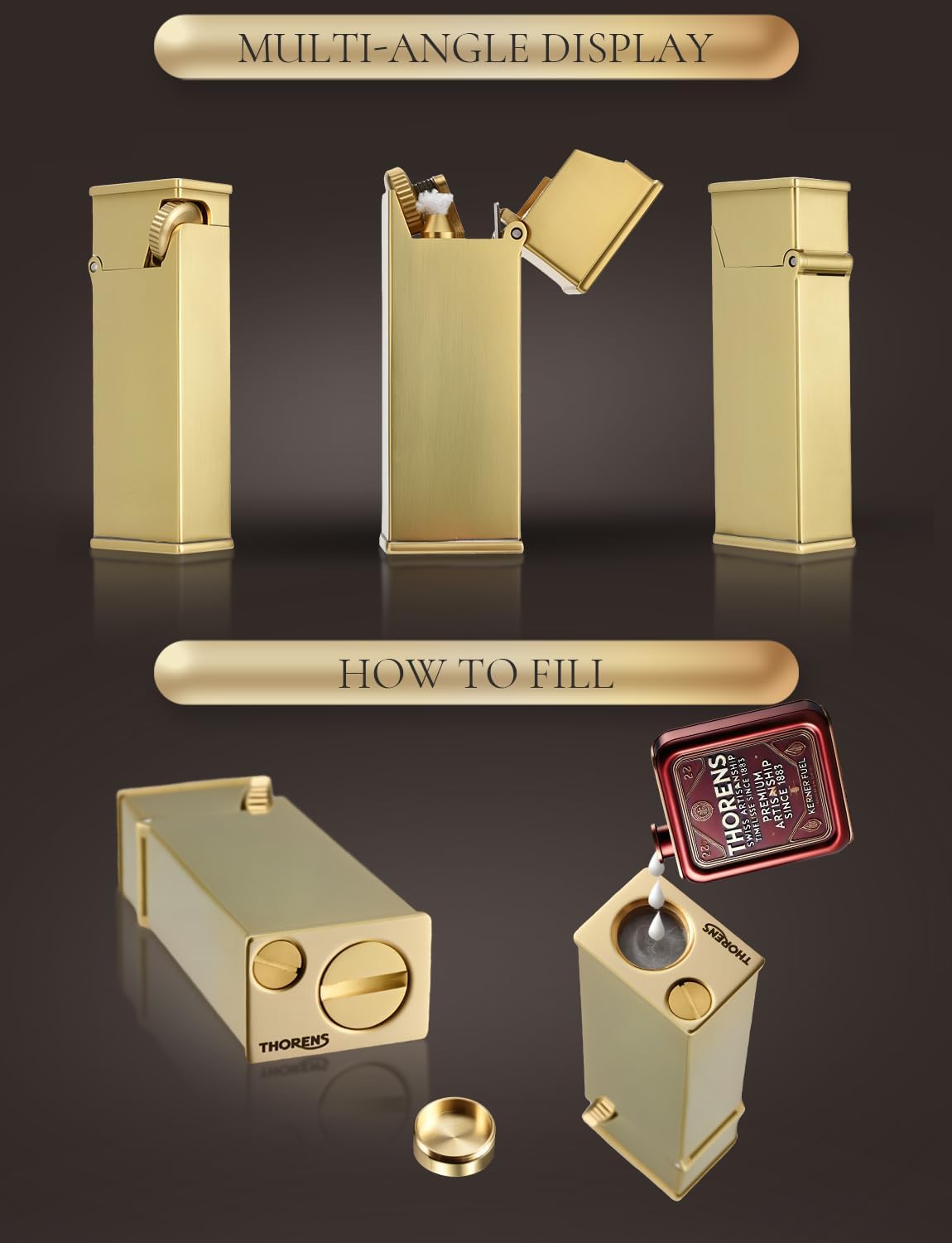 Swiss Vintage Brass Soft-Flame Kerosene Lighter, Refillable, Compact, Grinding Wheel, Unique, Gift Box, Thorens Long Fellow - Inclined Wheel Ignition​
