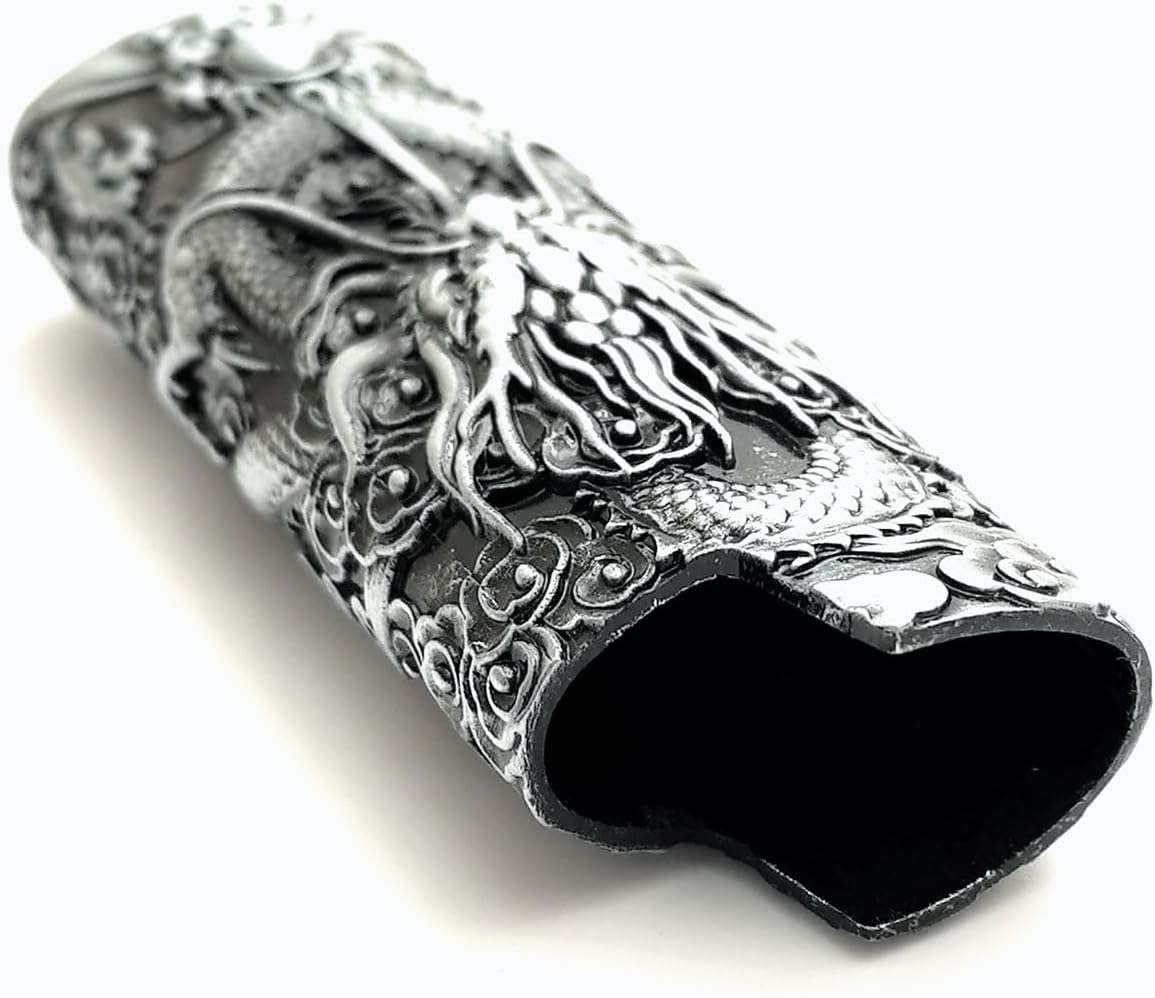 Gift for Men Him Her Husband Dad Metal Vintage Dragon and Bead Double Sided Engraving Pattern Design Lighter Pouch Case Cover Holder Sleeve for BIC Full Size Classic Lighter J6