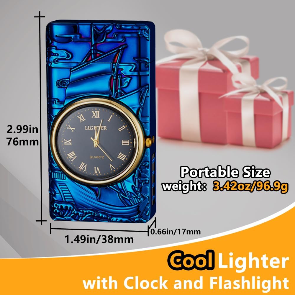 Watch Lighter Dual Arc Plasma Electric Lighters USB Rechargeable Lighters with LED Battery Display Cool Lighter with Clock & Flashlight,Unique Gift for Men and Women (Boat Blue)