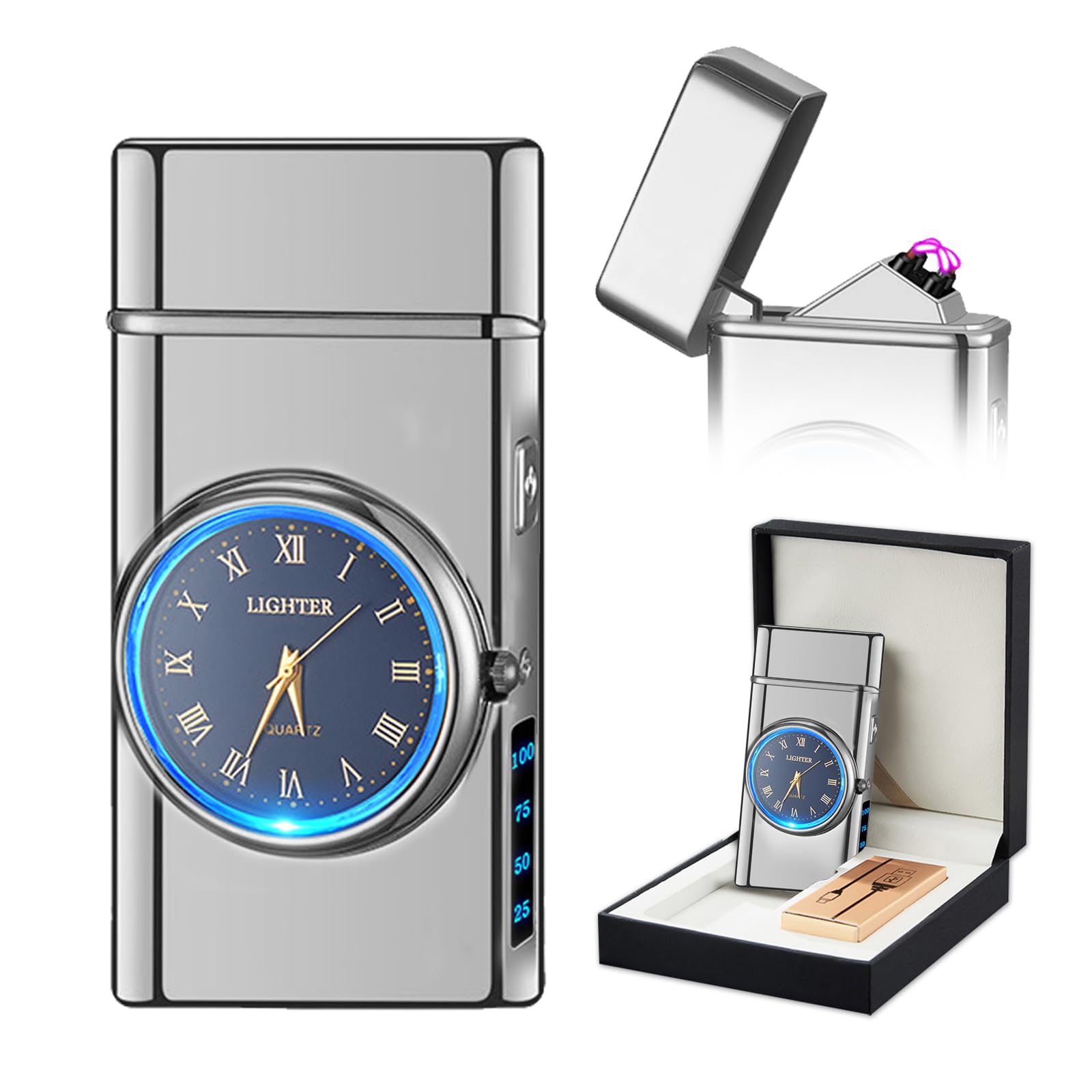 Watch Lighter Dual Arc Plasma Electric Lighters USB Rechargeable Lighters with LED Battery Display Cool Lighter with Clock & Flashlight,Unique Gift for Men and Women (Boat Blue)