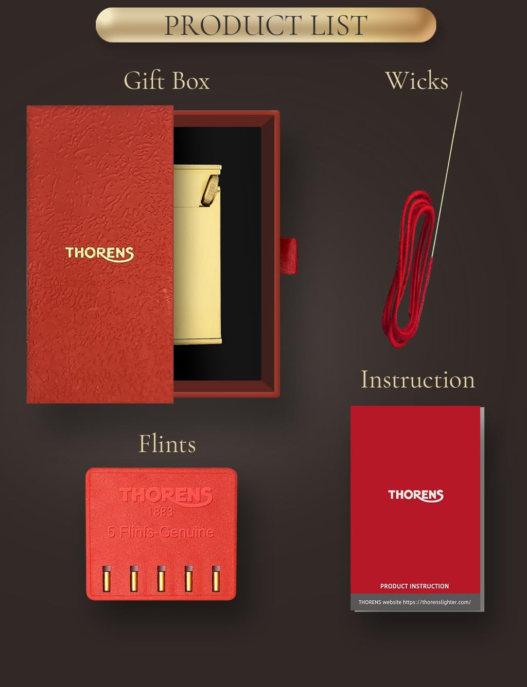 Swiss Vintage Brass Soft-Flame Kerosene Lighter, Refillable, Compact, Grinding Wheel, Unique, Gift Box, Thorens Long Fellow - Inclined Wheel Ignition​