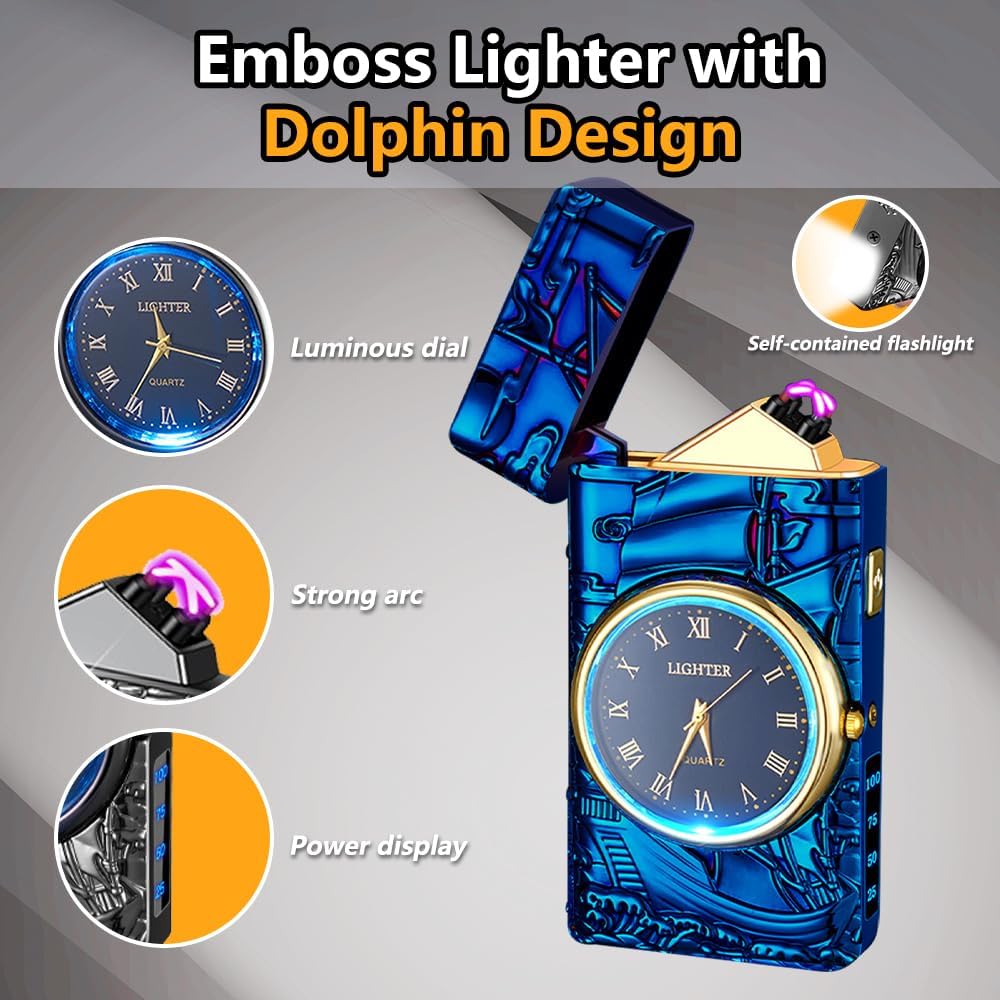 Watch Lighter Dual Arc Plasma Electric Lighters USB Rechargeable Lighters with LED Battery Display Cool Lighter with Clock & Flashlight,Unique Gift for Men and Women (Boat Blue)