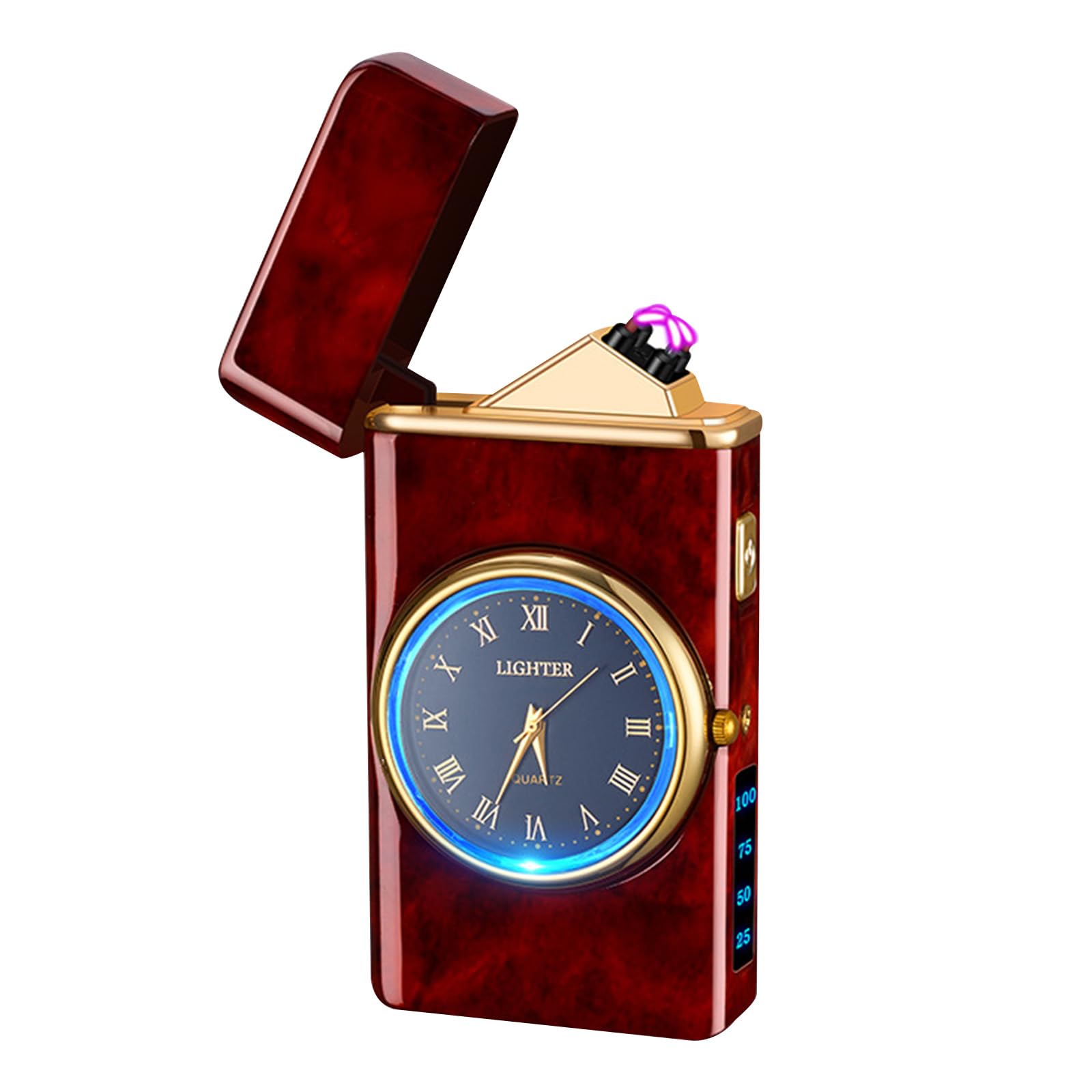 Electric Lighter with Clock YOZWOO USB Rechargeable Lighter with LED Light, Plasma Dual Arc Lighters with LED Power Display for Candle, Cool Lighters Gifts for Men and Women (Gold-Boat)