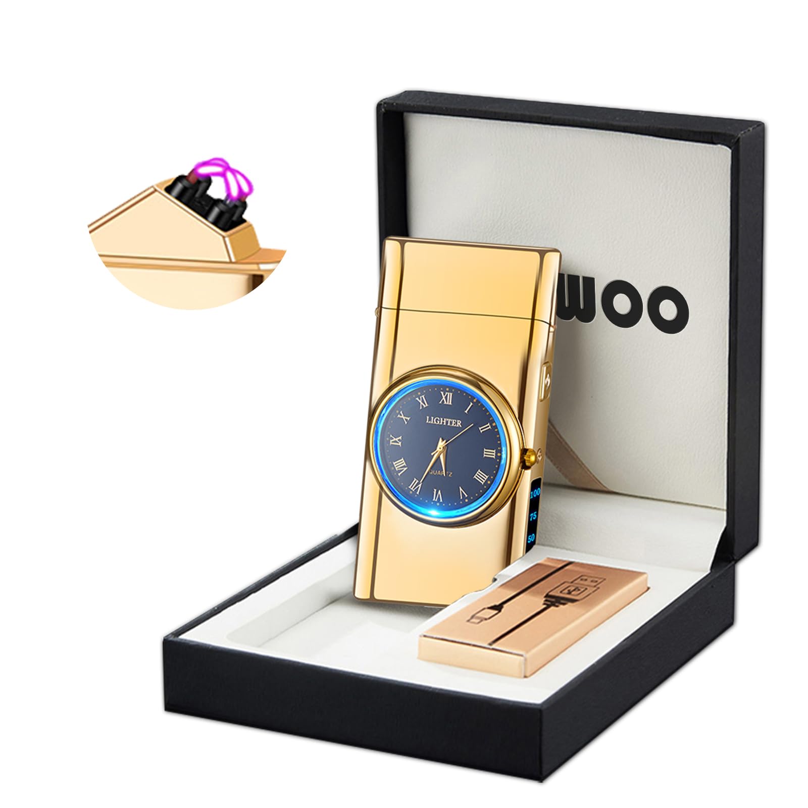 Electric Lighter with Clock YOZWOO USB Rechargeable Lighter with LED Light, Plasma Dual Arc Lighters with LED Power Display for Candle, Cool Lighters Gifts for Men and Women (Gold-Boat)