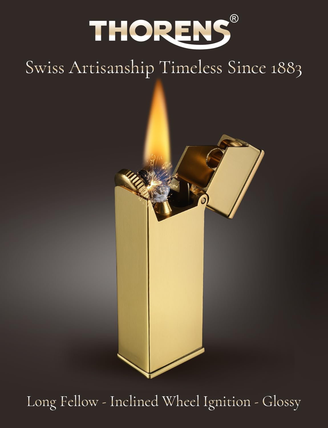 Swiss Vintage Brass Soft-Flame Kerosene Lighter, Refillable, Compact, Grinding Wheel, Unique, Gift Box, Thorens Long Fellow - Inclined Wheel Ignition​