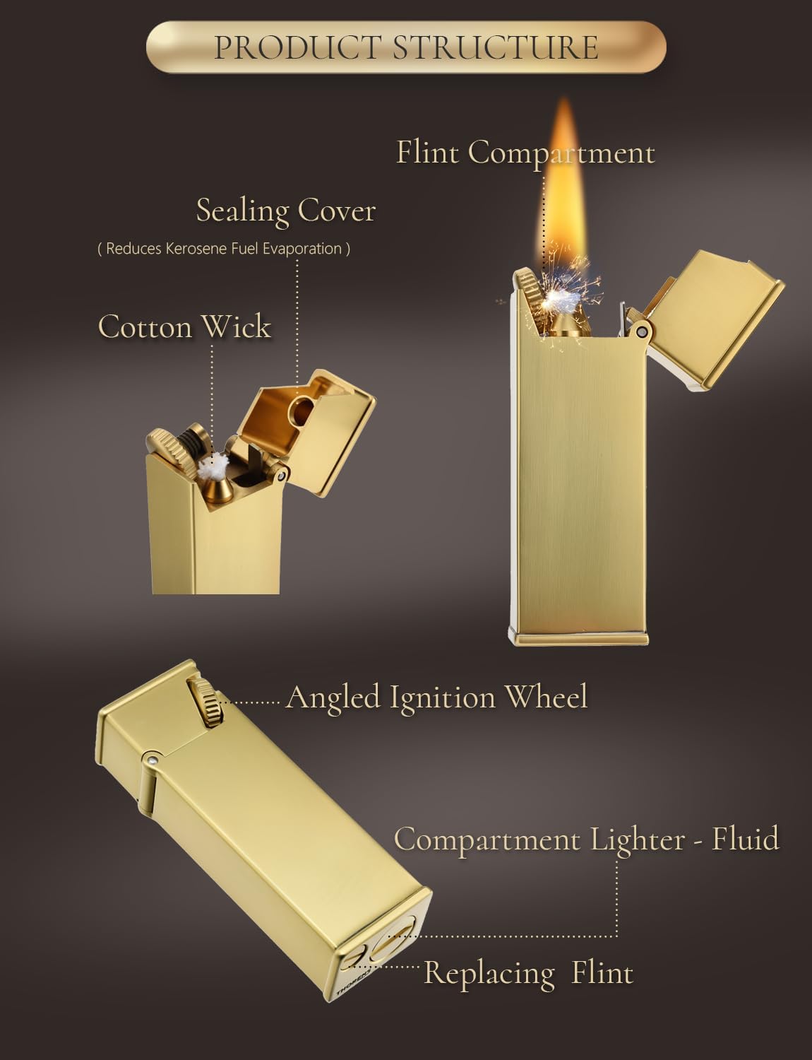 Swiss Vintage Brass Soft-Flame Kerosene Lighter, Refillable, Compact, Grinding Wheel, Unique, Gift Box, Thorens Long Fellow - Inclined Wheel Ignition​