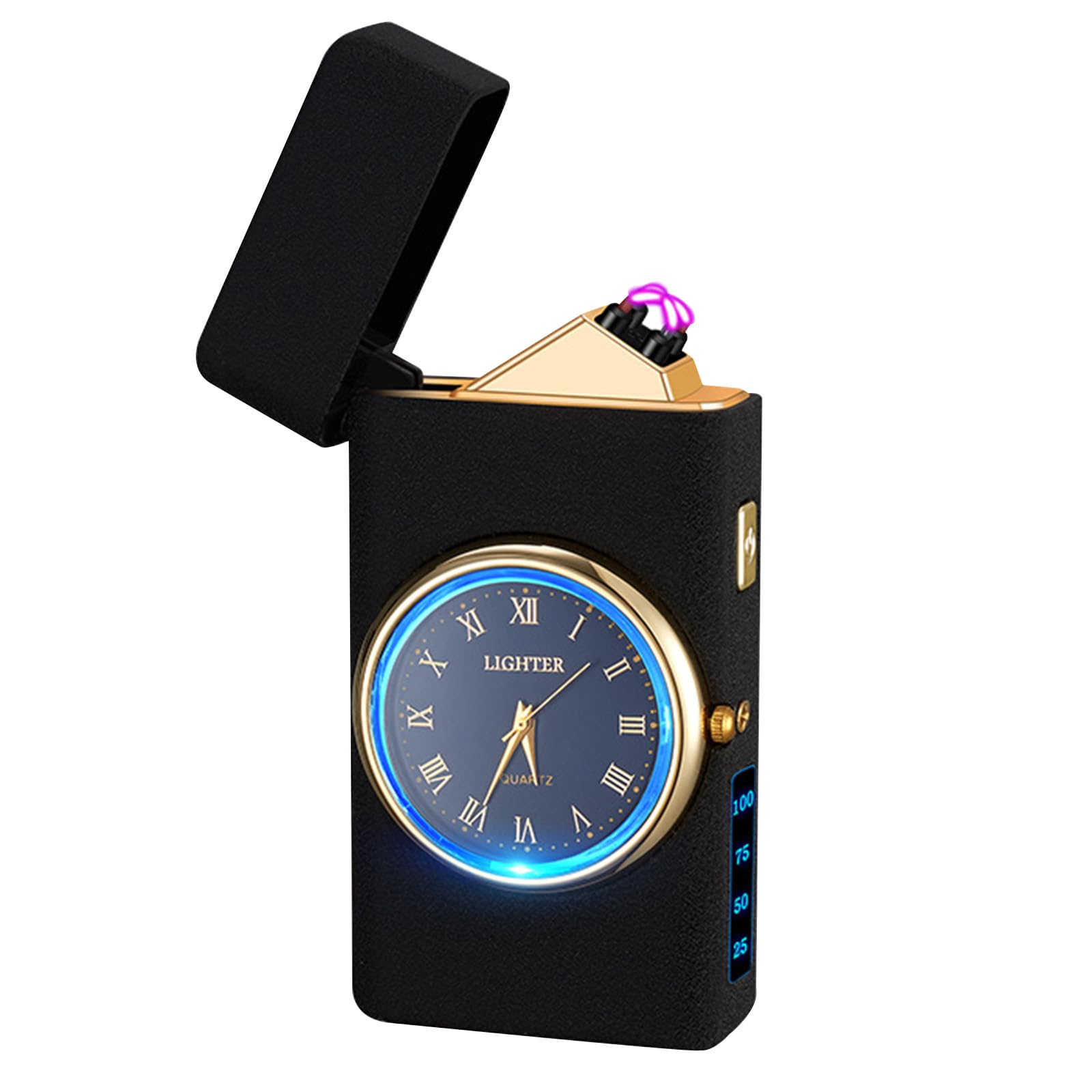Electric Lighter with Clock YOZWOO USB Rechargeable Lighter with LED Light, Plasma Dual Arc Lighters with LED Power Display for Candle, Cool Lighters Gifts for Men and Women (Gold-Boat)