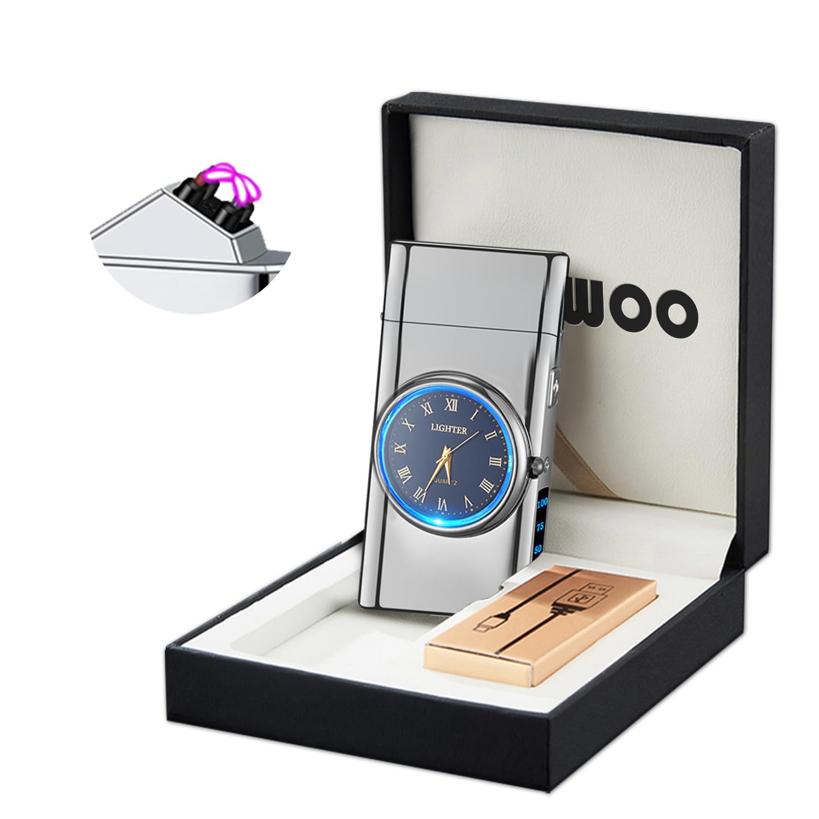Electric Lighter with Clock YOZWOO USB Rechargeable Lighter with LED Light, Plasma Dual Arc Lighters with LED Power Display for Candle, Cool Lighters Gifts for Men and Women (Gold-Boat)