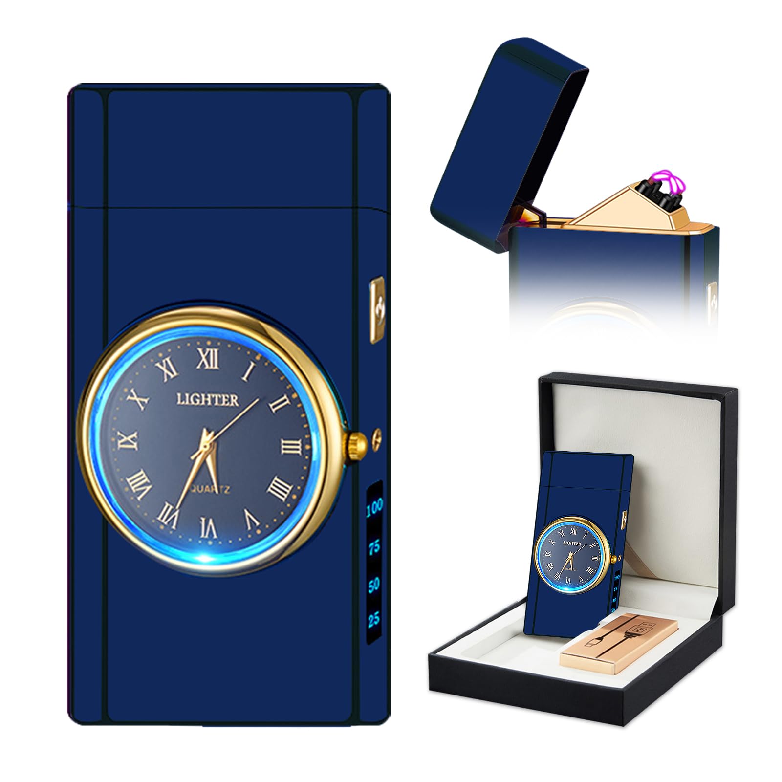 Watch Lighter Dual Arc Plasma Electric Lighters USB Rechargeable Lighters with LED Battery Display Cool Lighter with Clock & Flashlight,Unique Gift for Men and Women (Boat Blue)