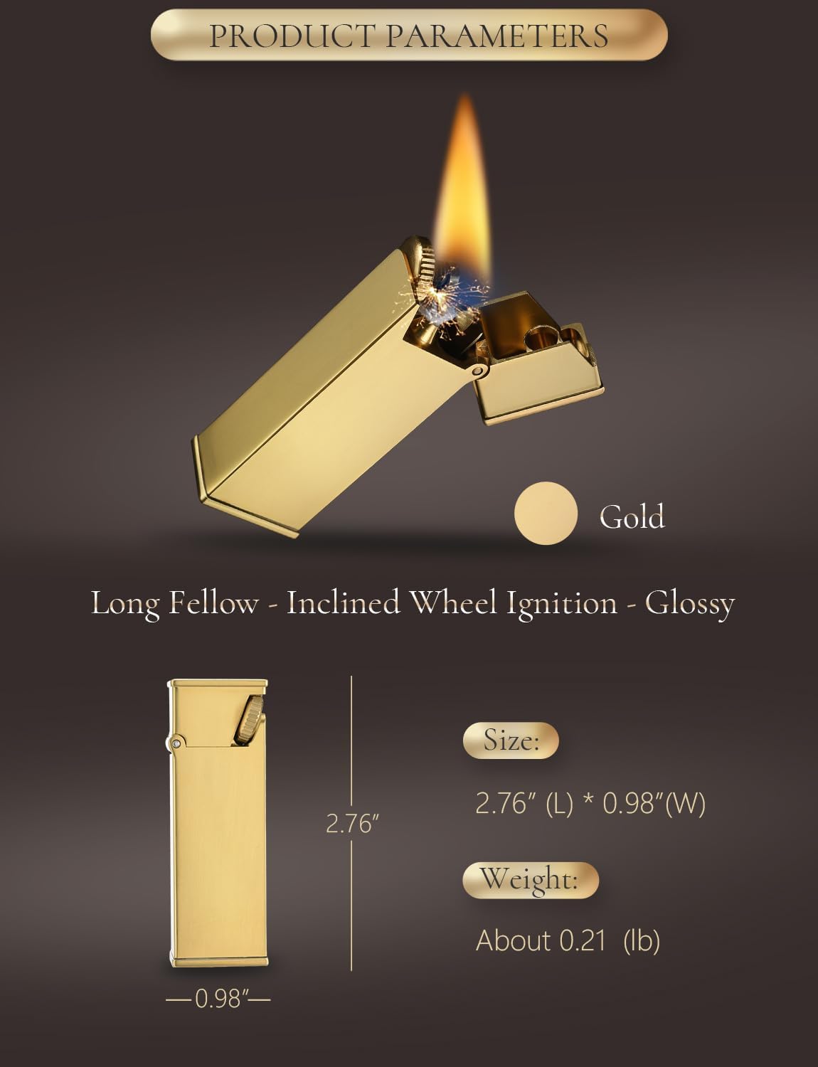 Swiss Vintage Brass Soft-Flame Kerosene Lighter, Refillable, Compact, Grinding Wheel, Unique, Gift Box, Thorens Long Fellow - Inclined Wheel Ignition​