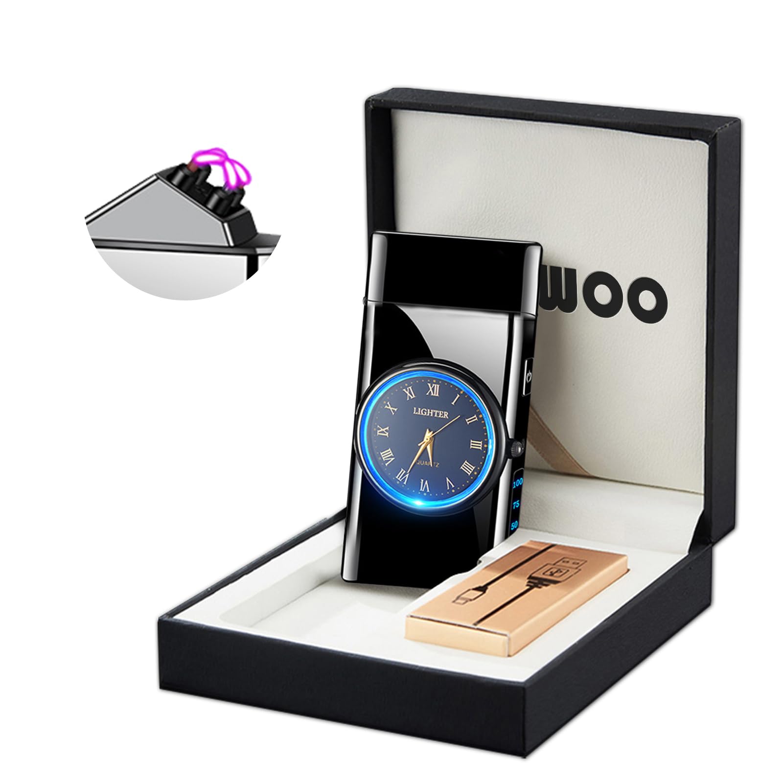 Electric Lighter with Clock YOZWOO USB Rechargeable Lighter with LED Light, Plasma Dual Arc Lighters with LED Power Display for Candle, Cool Lighters Gifts for Men and Women (Gold-Boat)
