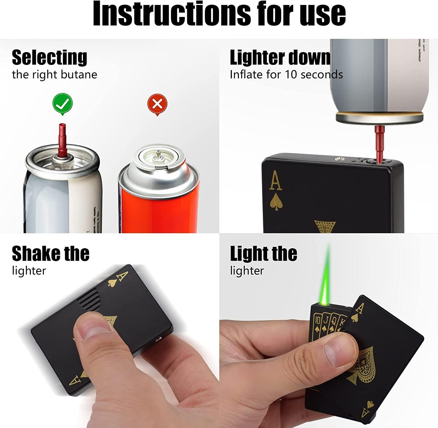Jet Torch Lighter, 2 Pack, Green+Red Flame Ace Card Lighter, Cool Lighter Windproof Poker Design, Refillable Butane, for Outdoor, Indoor, Camping, BBQ, Candle, Birthday, Gift (Without Gas)