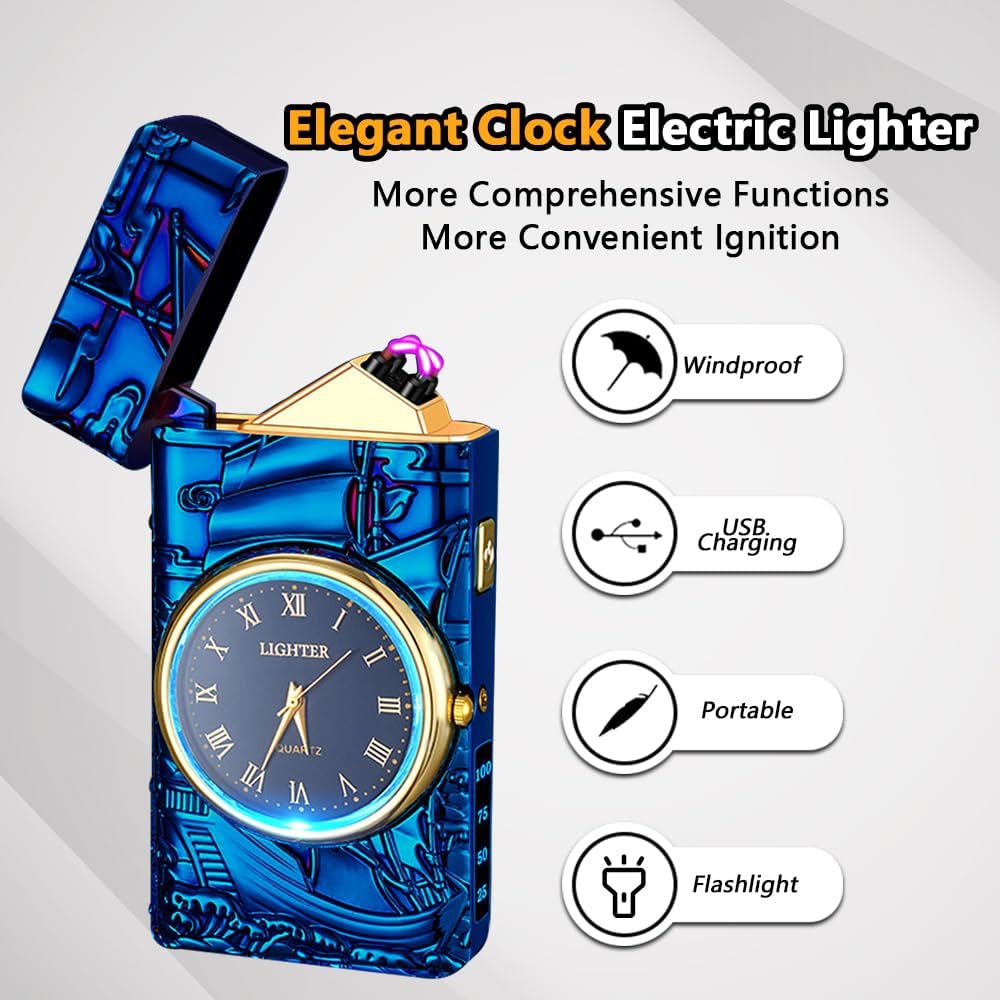 Watch Lighter Dual Arc Plasma Electric Lighters USB Rechargeable Lighters with LED Battery Display Cool Lighter with Clock & Flashlight,Unique Gift for Men and Women (Boat Blue)