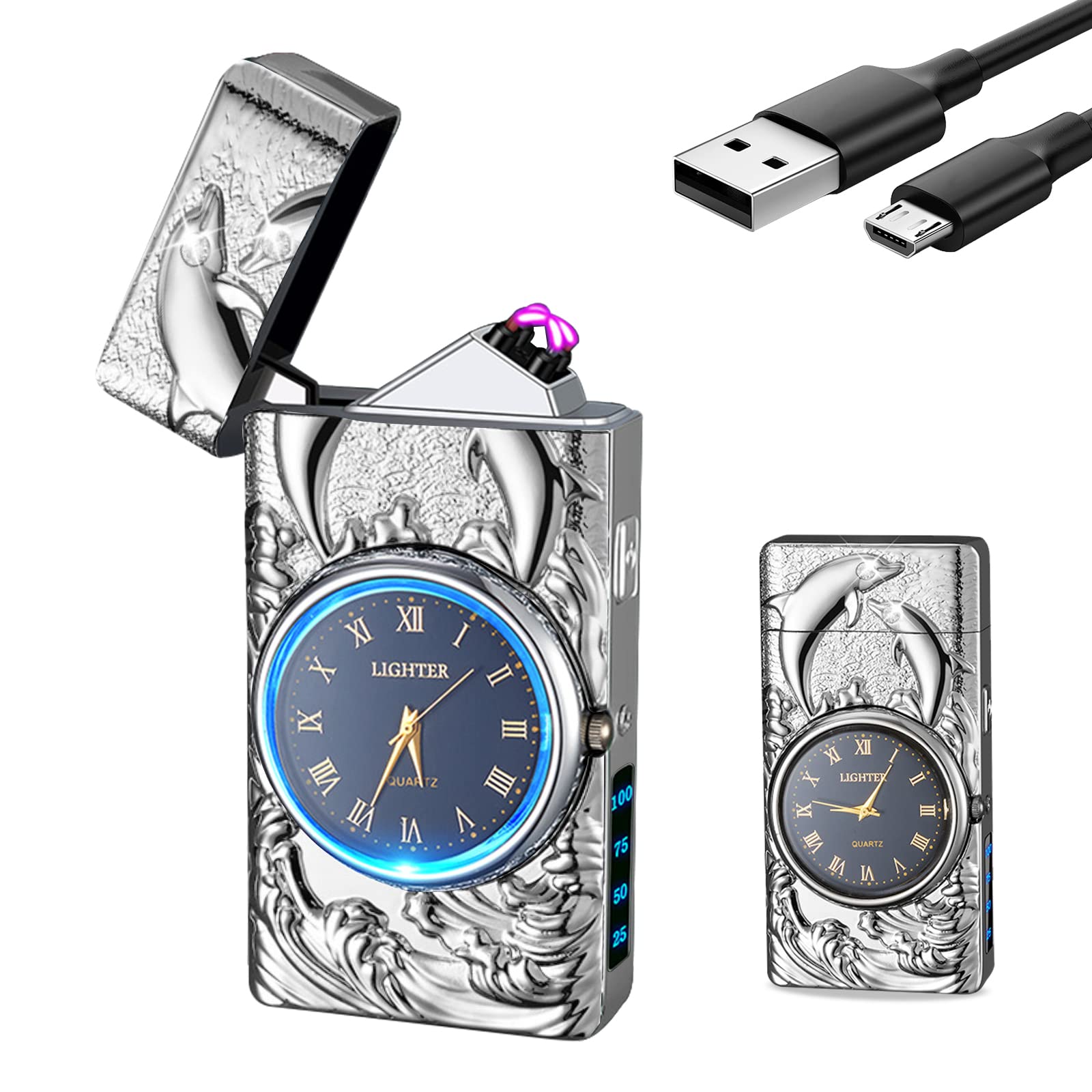 Electric Lighter with Clock YOZWOO USB Rechargeable Lighter with LED Light, Plasma Dual Arc Lighters with LED Power Display for Candle, Cool Lighters Gifts for Men and Women (Gold-Boat)