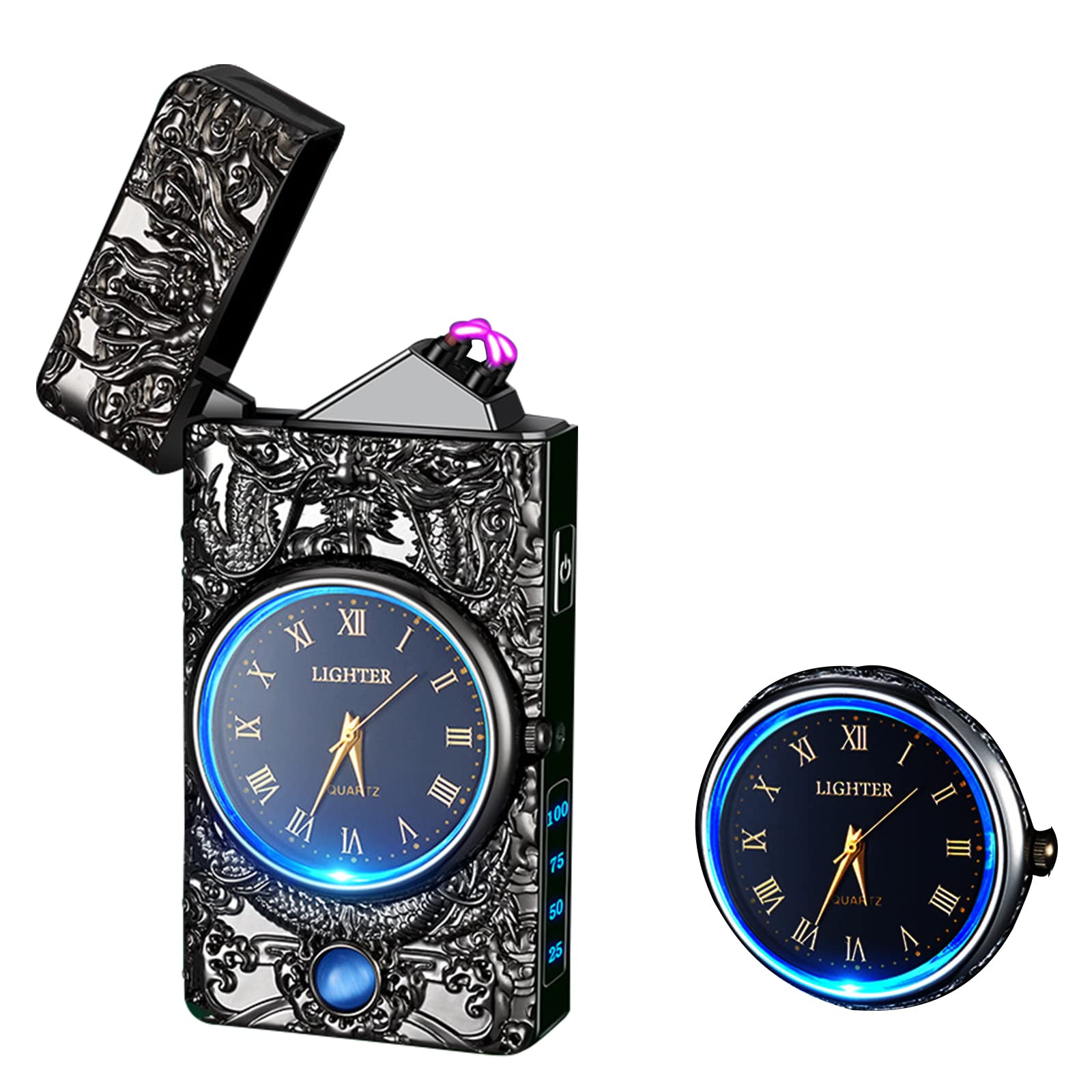 Watch Lighter Dual Arc Plasma Electric Lighters USB Rechargeable Lighters with LED Battery Display Cool Lighter with Clock & Flashlight,Unique Gift for Men and Women (Boat Blue)