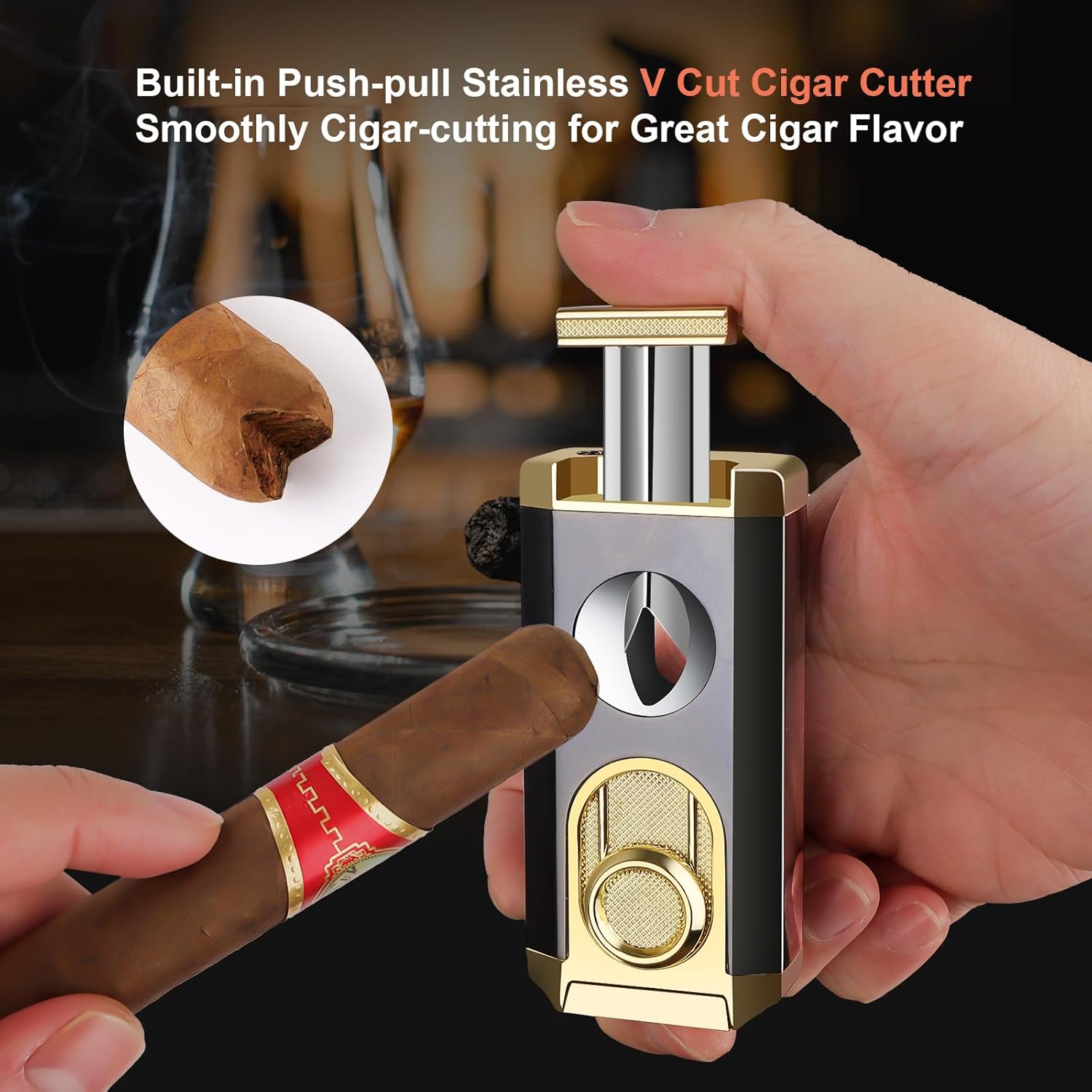Travel Cigar Humidor, Cedar Wood Lined, with All-in-one Cigar Lighter, Built-in V Cutter& Holder, Cigar Draw Enhancer, Hygrometer & Humidifier, Leather Cigar Case with Cigar Accessories Hold 6 Cigars