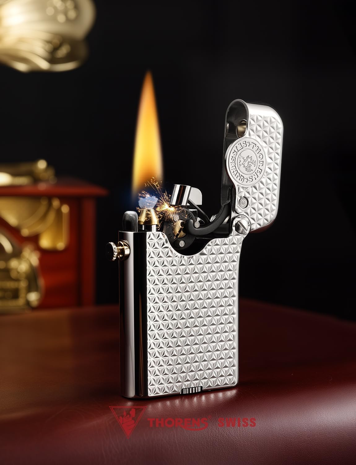 Classic Retro Refillable Brass Kerosene Lighter,Collectible,Soft-Flame,Automatic Ignition,Safety Lock,Electroplated Chrome Color,Engraving,Gift Box,Men's Gift,Thorens Gen 3-Single Claw Diamond Grid