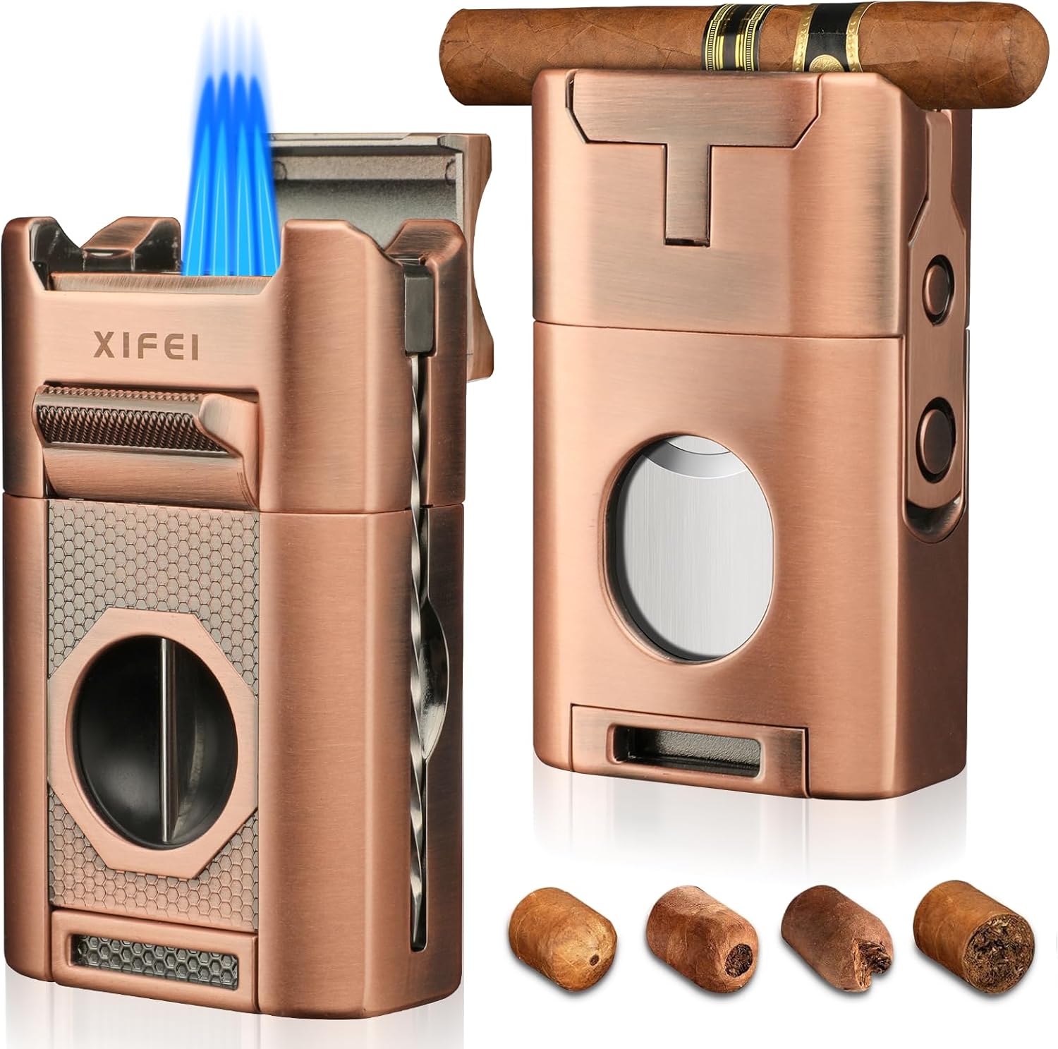 XIFEI 6-in-1 Desktop Lighter, 4 Jet Flame Torch with Straight & V-Cut Cutter, Dual Cigar Punch, Cigar Draw Enhancer, Holder, Refillable Butane Lighter with Gift Box (Bronze)