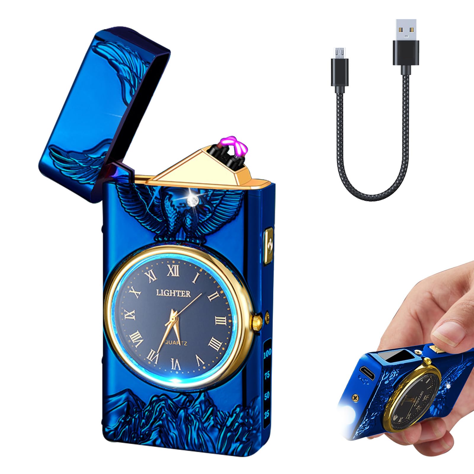 Electric Lighter with Clock YOZWOO USB Rechargeable Lighter with LED Light, Plasma Dual Arc Lighters with LED Power Display for Candle, Cool Lighters Gifts for Men and Women (Gold-Boat)