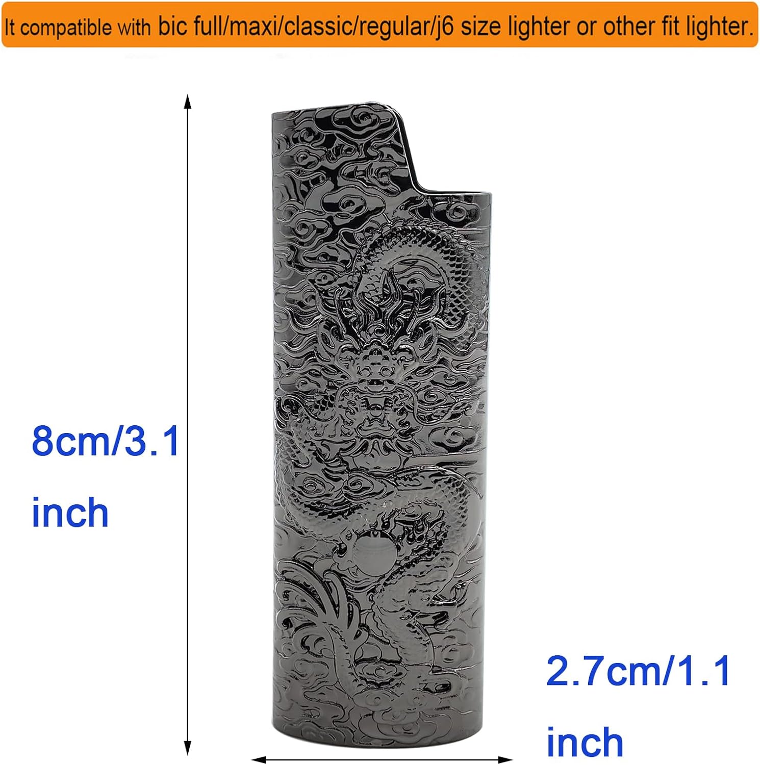 Metal Lighter Case Cover Holder Vintage Dragon Engraving for BIC Full Size Lighter J6