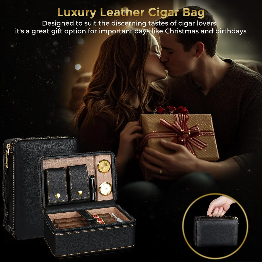 Travel Cigar Humidor Set, 2-Layer Design & CedarWood Lined, with Cigar Lighter Built-in V Cutter&Holder, Cigar Cutter, Draw Enhancer, Hygrometer, Humidifier, Portable Leather Cigar Case, Gifts for Men