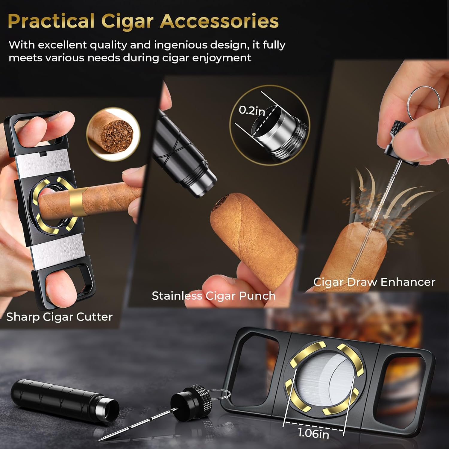 Travel Cigar Humidor Set, 2-Layer Design & CedarWood Lined, with Cigar Lighter Built-in V Cutter&Holder, Cigar Cutter, Draw Enhancer, Hygrometer, Humidifier, Portable Leather Cigar Case, Gifts for Men