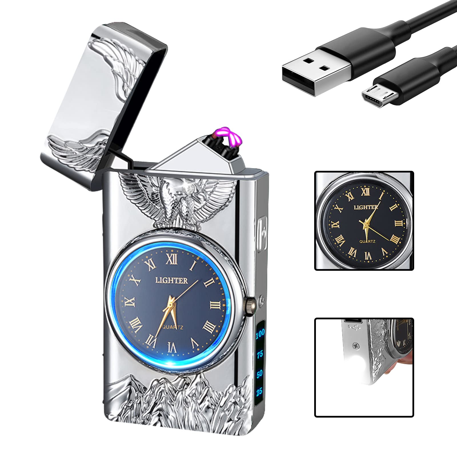 Watch Lighter Dual Arc Plasma Electric Lighters USB Rechargeable Lighters with LED Battery Display Cool Lighter with Clock & Flashlight,Unique Gift for Men and Women (Boat Blue)