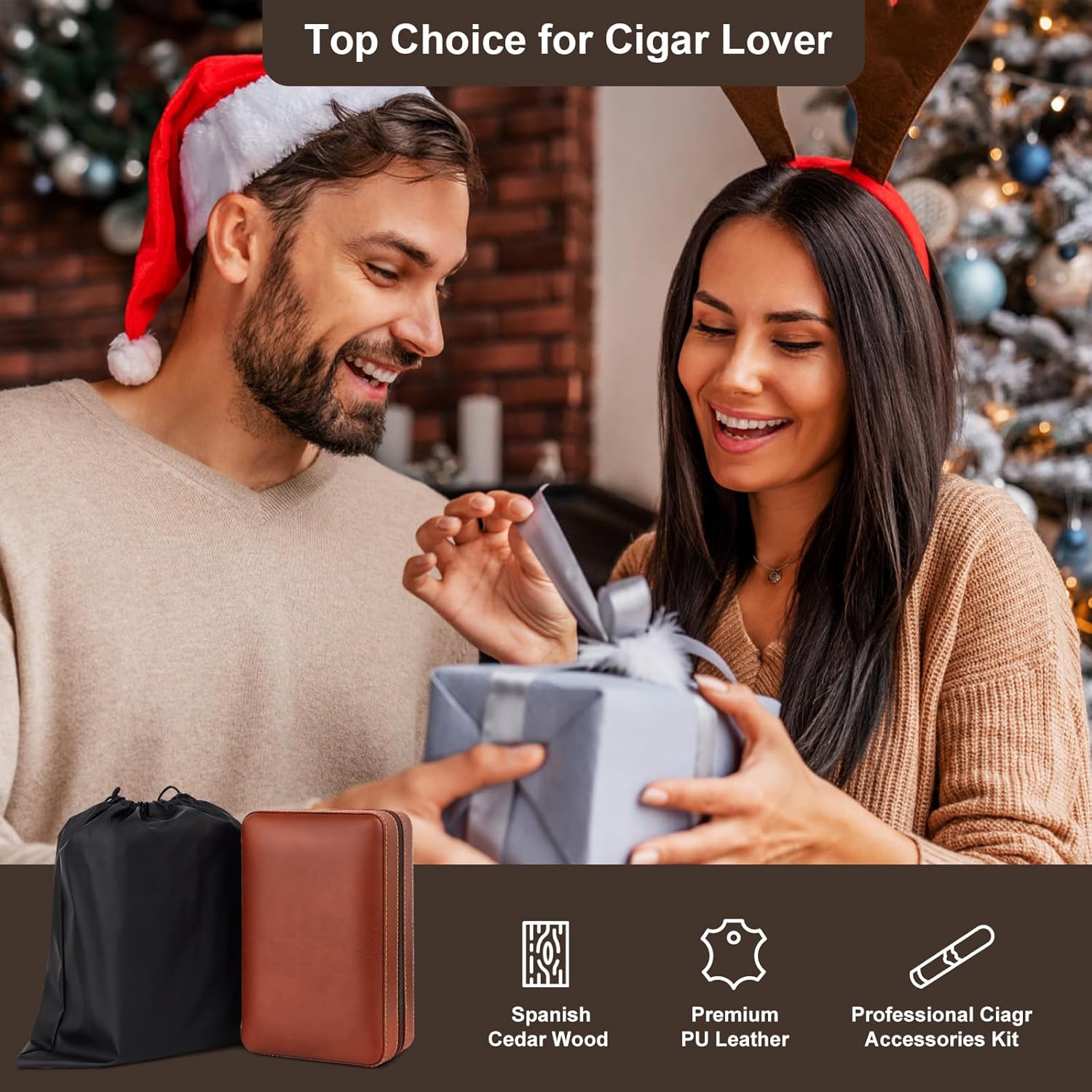 Travel Cigar Humidor, Cedar Wood Lined, with All-in-one Cigar Lighter, Built-in V Cutter& Holder, Cigar Draw Enhancer, Hygrometer & Humidifier, Leather Cigar Case with Cigar Accessories Hold 6 Cigars