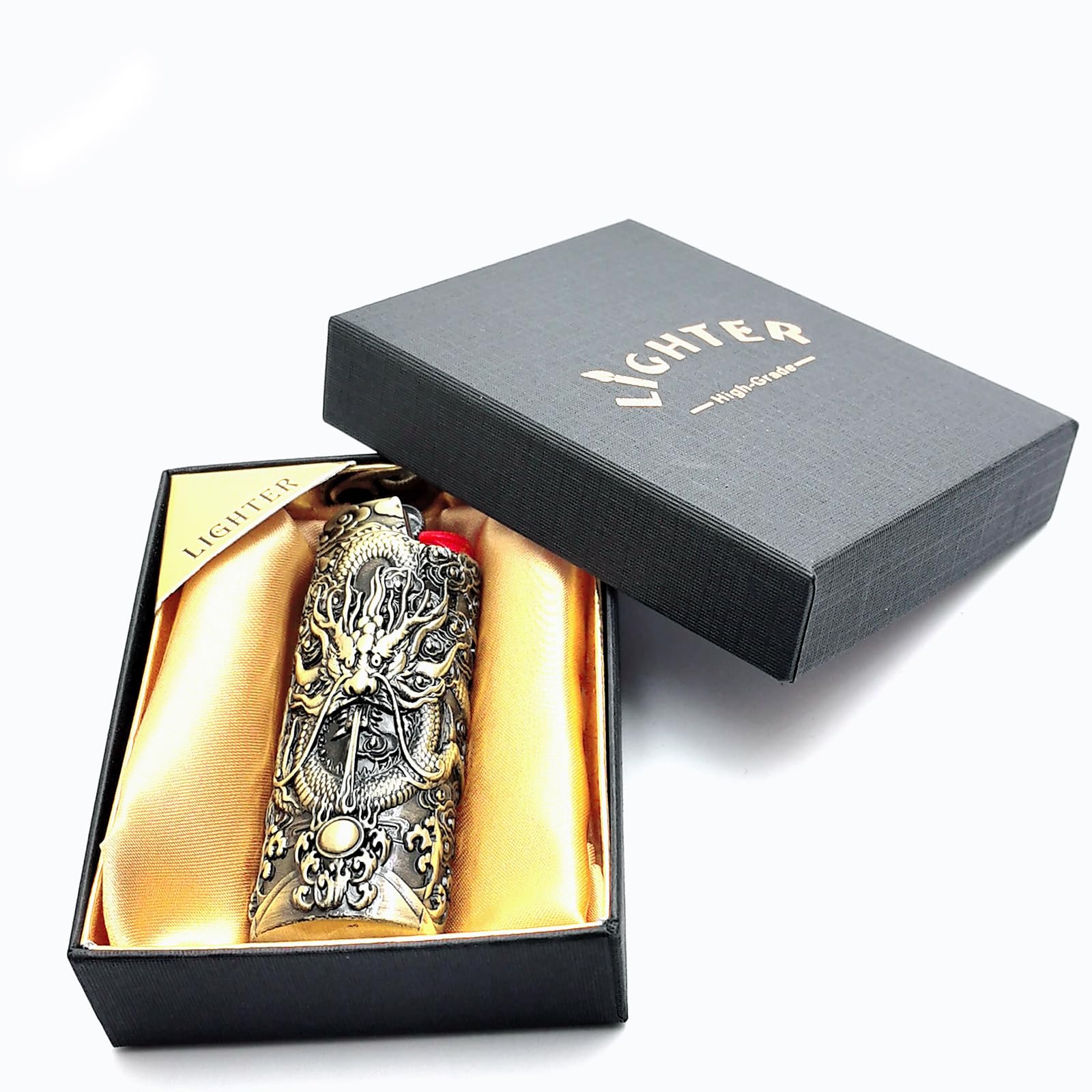 Gift for Men Him Her Husband Dad Metal Vintage Dragon and Bead Double Sided Engraving Pattern Design Lighter Pouch Case Cover Holder Sleeve for BIC Full Size Classic Lighter J6