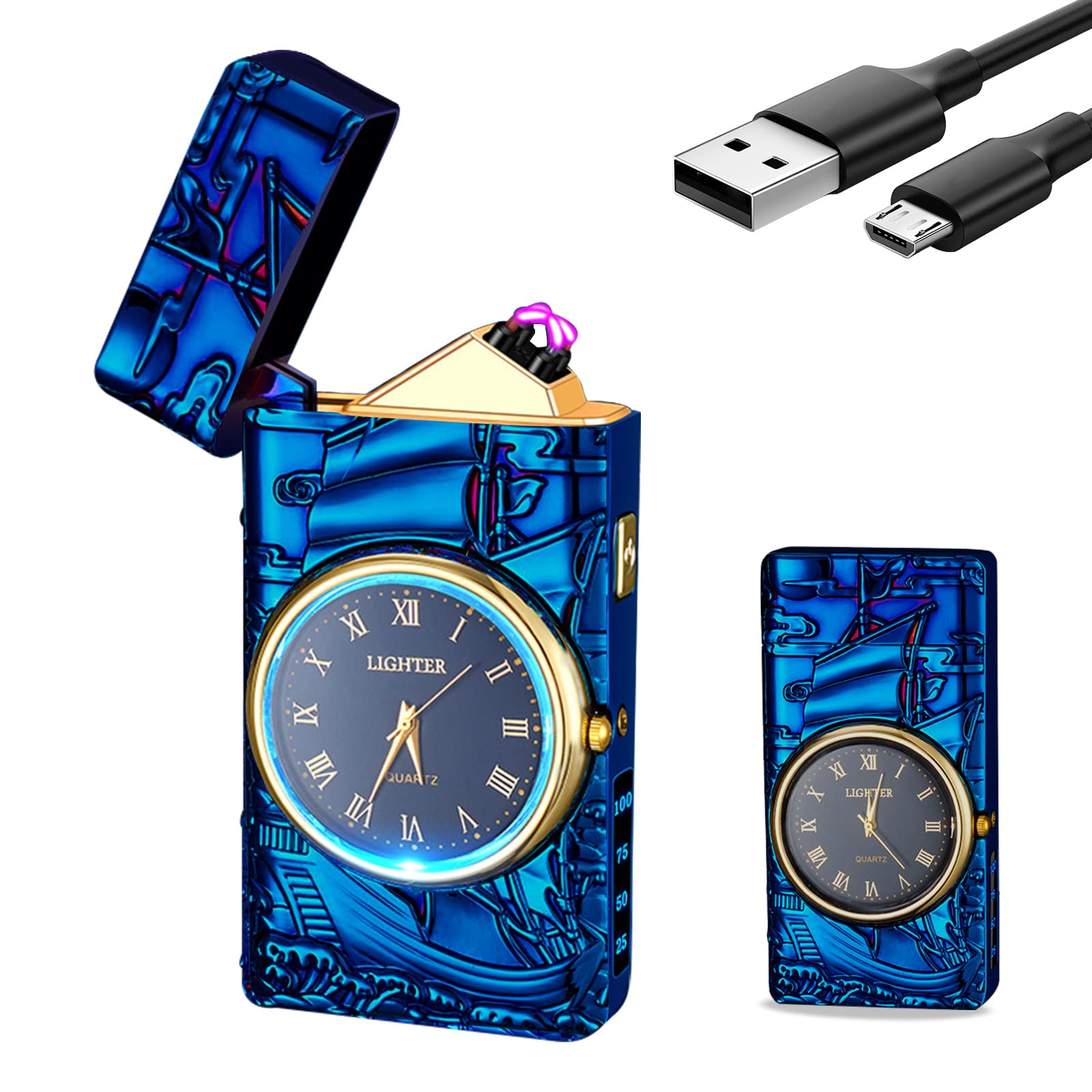 Electric Lighter with Clock YOZWOO USB Rechargeable Lighter with LED Light, Plasma Dual Arc Lighters with LED Power Display for Candle, Cool Lighters Gifts for Men and Women (Gold-Boat)