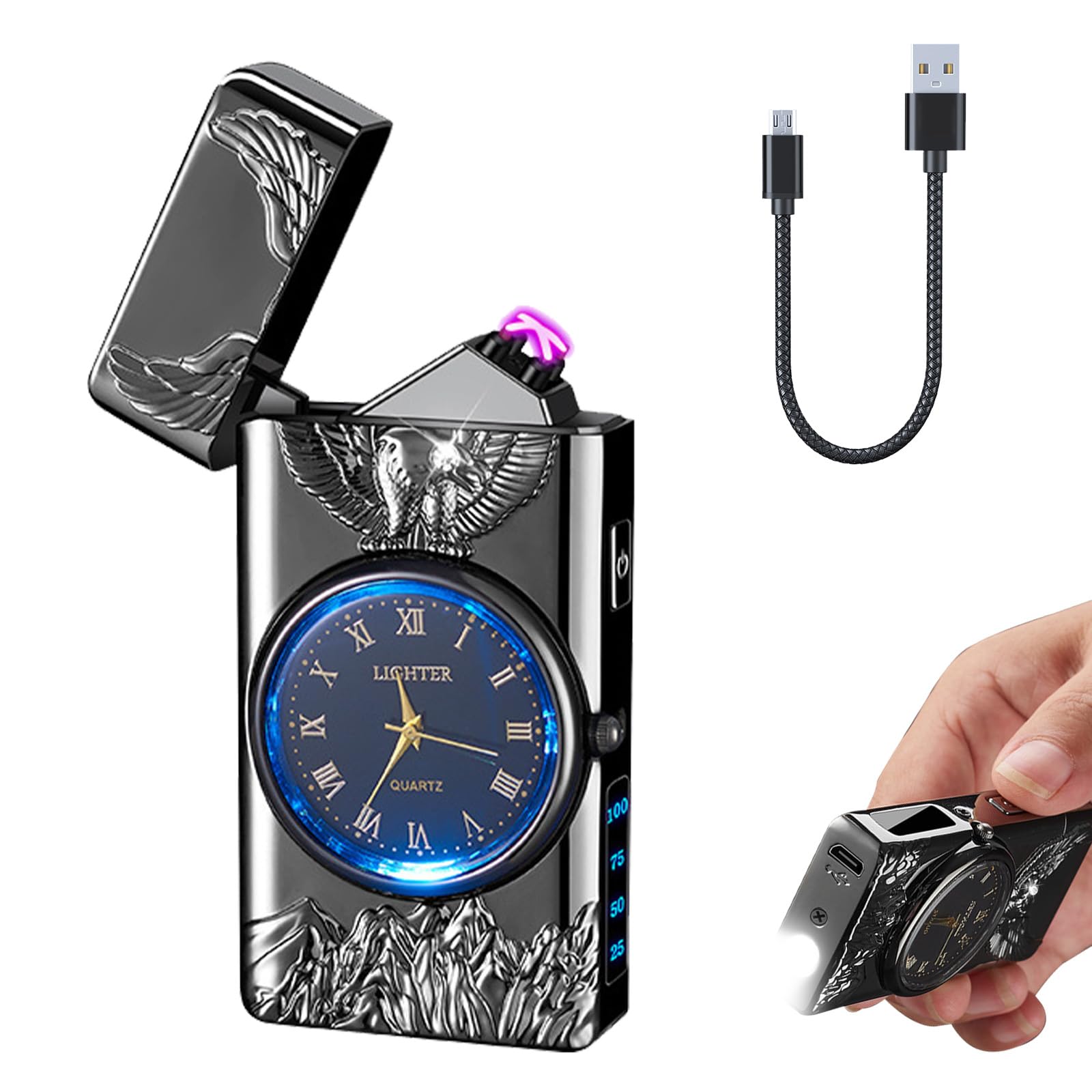 Electric Lighter with Clock YOZWOO USB Rechargeable Lighter with LED Light, Plasma Dual Arc Lighters with LED Power Display for Candle, Cool Lighters Gifts for Men and Women (Gold-Boat)
