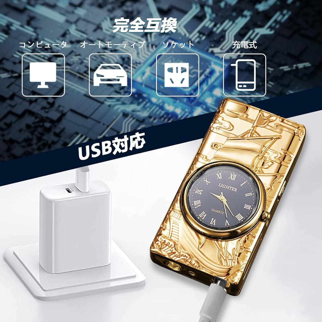 Electric Lighter with Clock YOZWOO USB Rechargeable Lighter with LED Light, Plasma Dual Arc Lighters with LED Power Display for Candle, Cool Lighters Gifts for Men and Women (Gold-Boat)