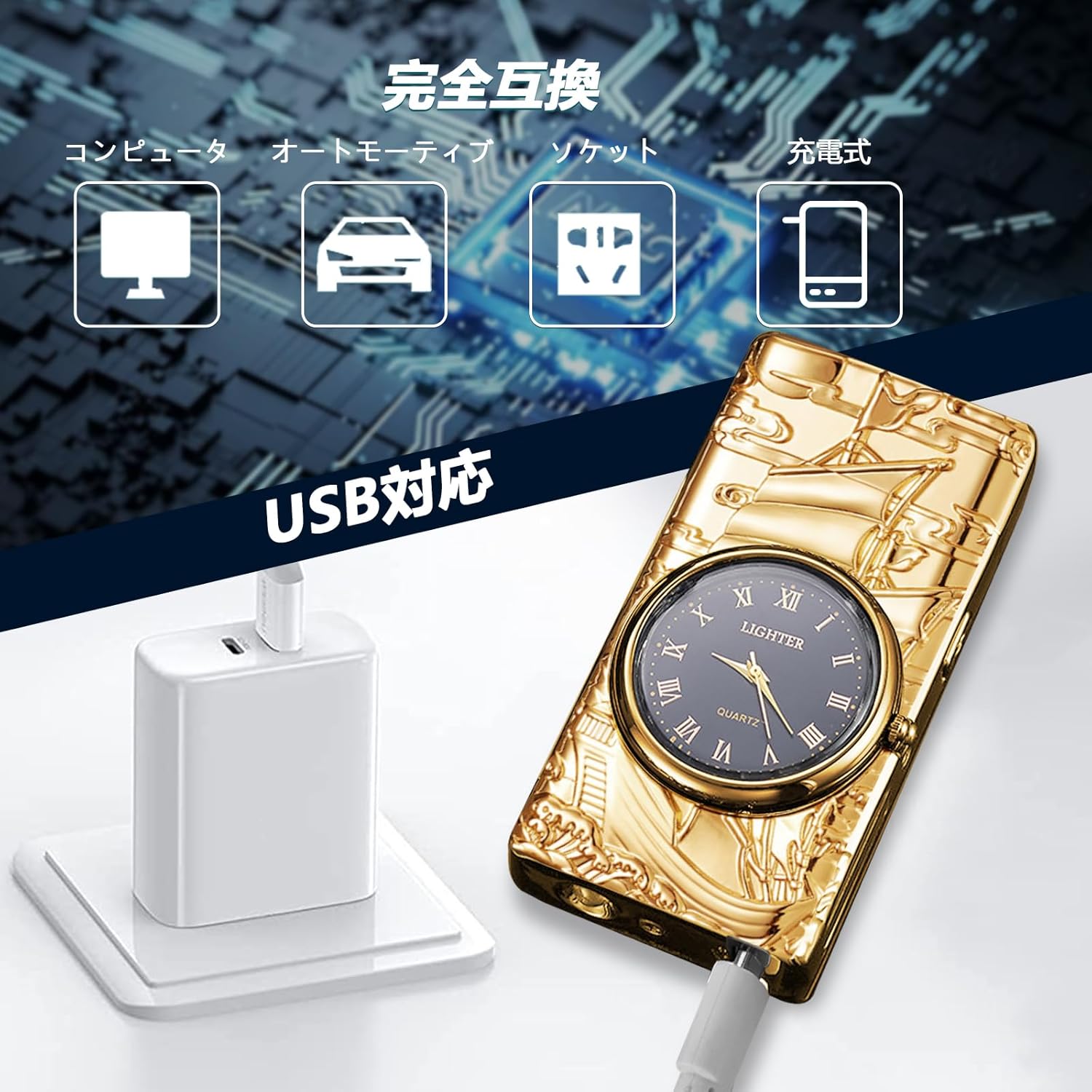 Electric Lighter with Clock YOZWOO USB Rechargeable Lighter with LED Light, Plasma Dual Arc Lighters with LED Power Display for Candle, Cool Lighters Gifts for Men and Women (Gold-Boat)