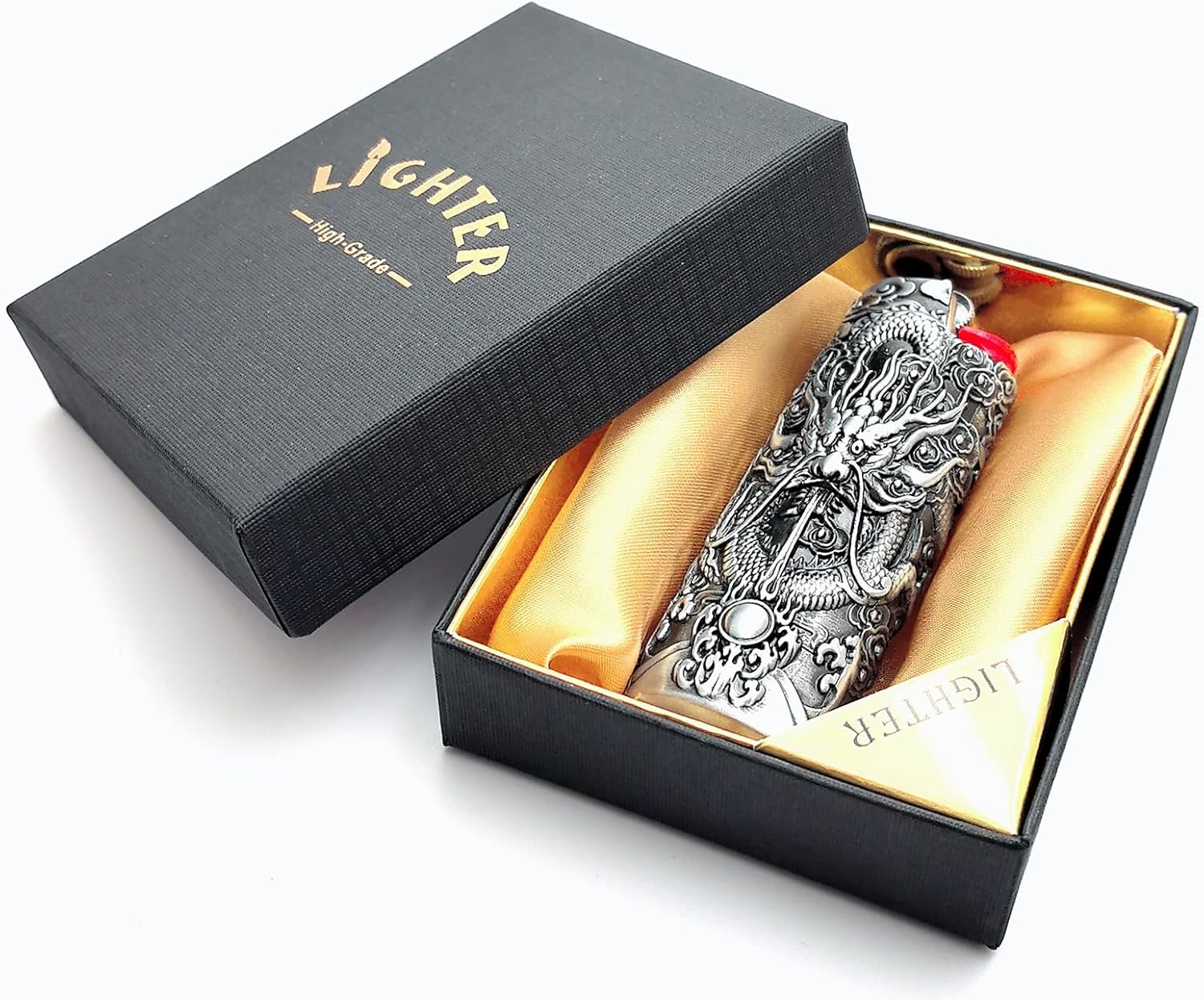 Gift for Men Him Her Husband Dad Metal Vintage Dragon and Bead Double Sided Engraving Pattern Design Lighter Pouch Case Cover Holder Sleeve for BIC Full Size Classic Lighter J6