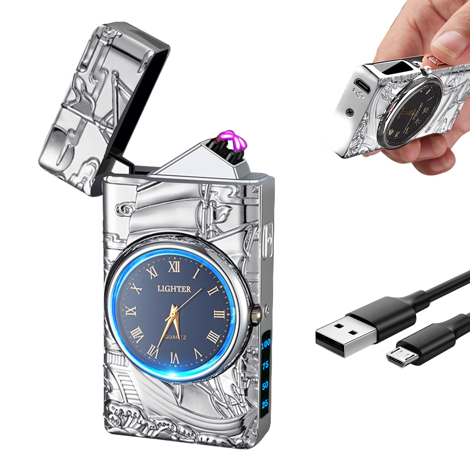 Watch Lighter Dual Arc Plasma Electric Lighters USB Rechargeable Lighters with LED Battery Display Cool Lighter with Clock & Flashlight,Unique Gift for Men and Women (Boat Blue)