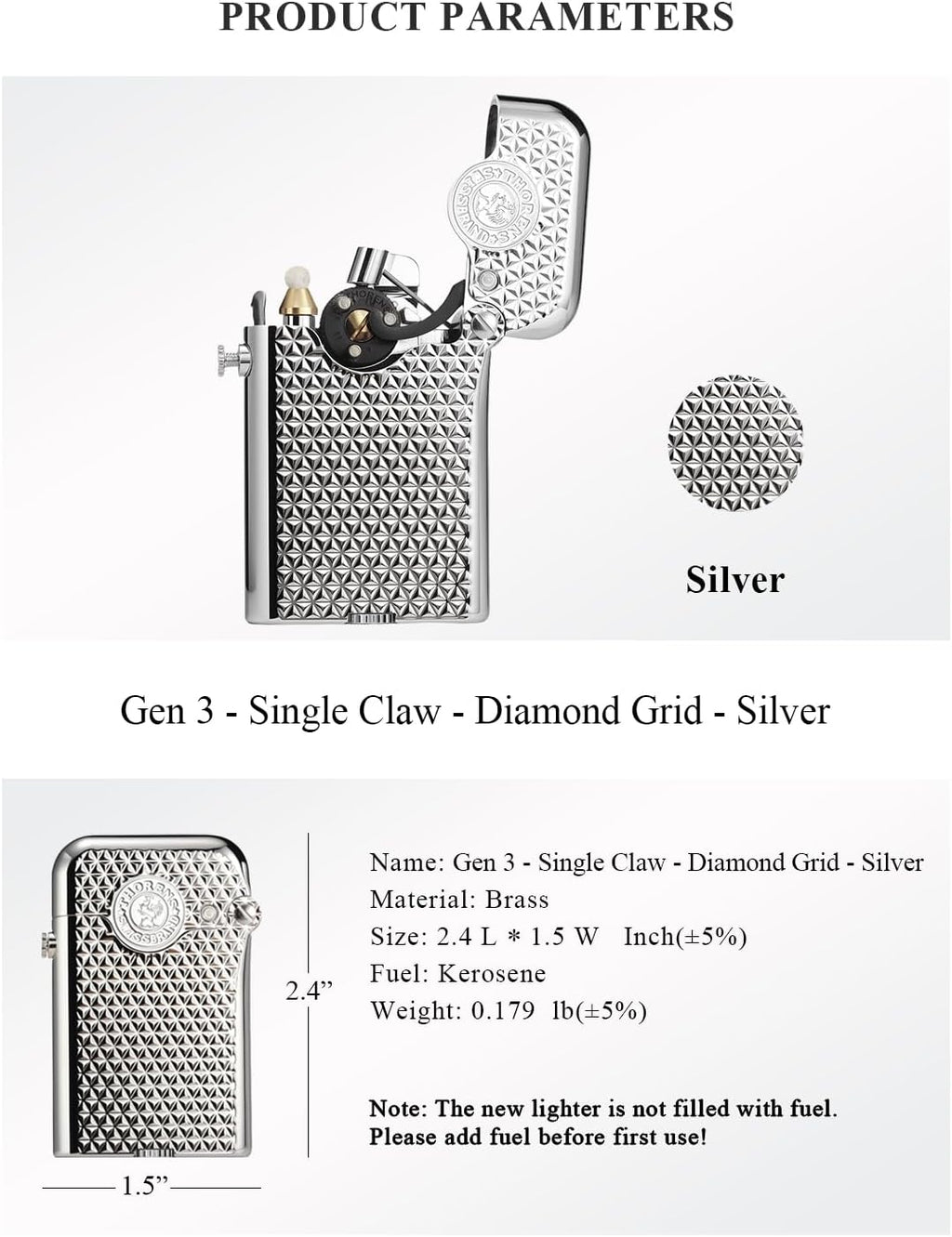 Classic Retro Refillable Brass Kerosene Lighter,Collectible,Soft-Flame,Automatic Ignition,Safety Lock,Electroplated Chrome Color,Engraving,Gift Box,Men's Gift,Thorens Gen 3-Single Claw Diamond Grid