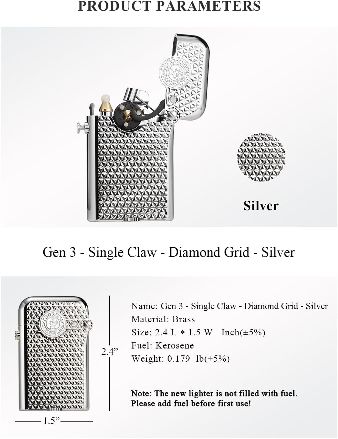 Classic Retro Refillable Brass Kerosene Lighter,Collectible,Soft-Flame,Automatic Ignition,Safety Lock,Electroplated Chrome Color,Engraving,Gift Box,Men's Gift,Thorens Gen 3-Single Claw Diamond Grid