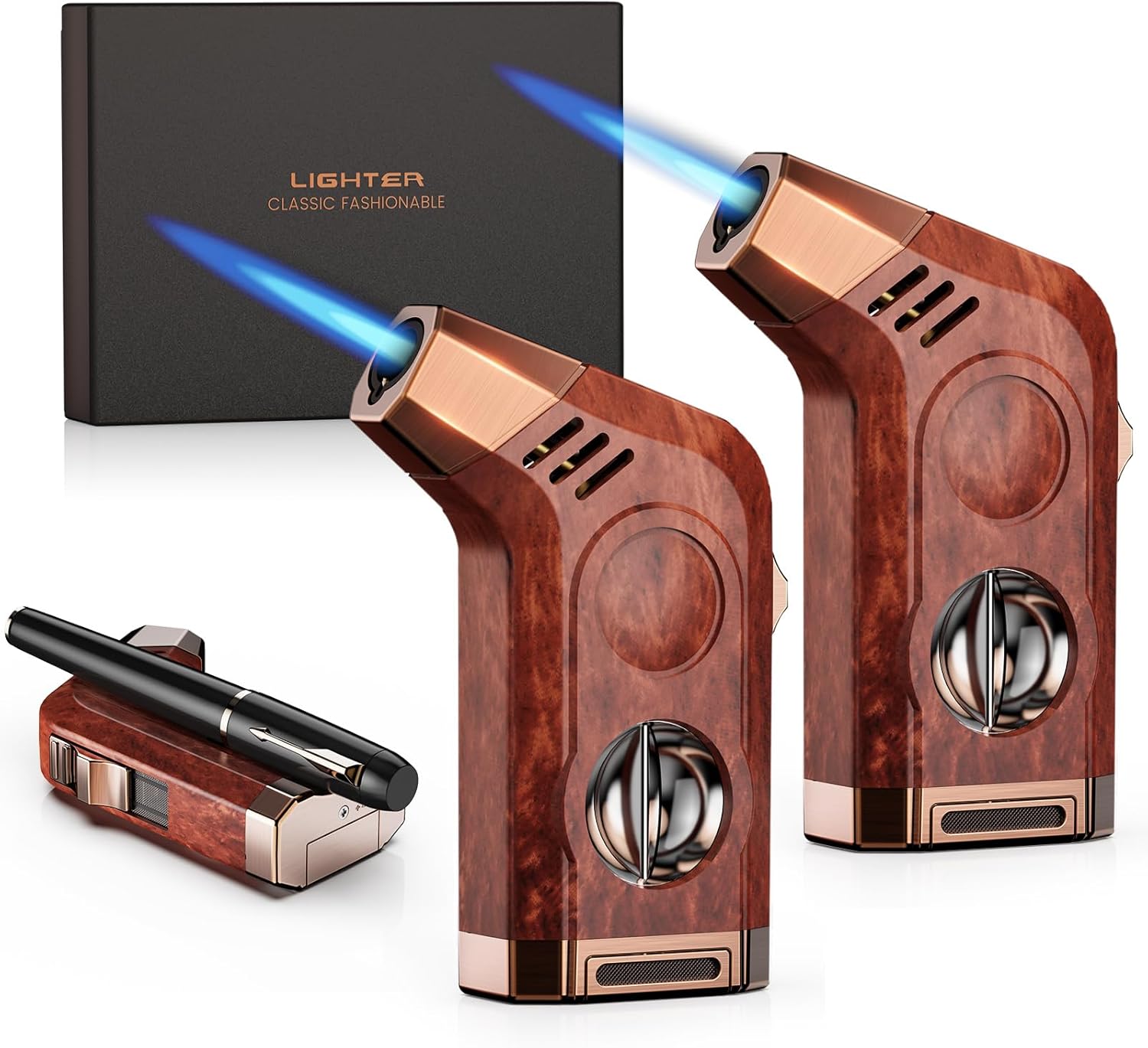 2-Pack Torch Lighter with Windproof Jet Flame, Holder, Built-in Cutter, All-in-one Lighter Accessories, Lighters for Men with Gift Box, Refillable Butane Lighter for Candle, Outdoors