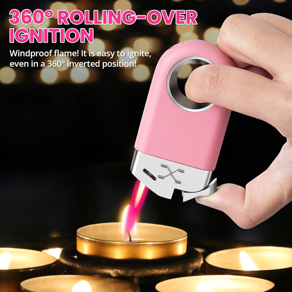 Cool Lighter with Funny Fidget Ring, Pink Keychain Lighters Refillable Butane Torch for Candle BBQ, Creative Gifts for Men Women, EDC Spinner Lighter with Windproof Jet Flame