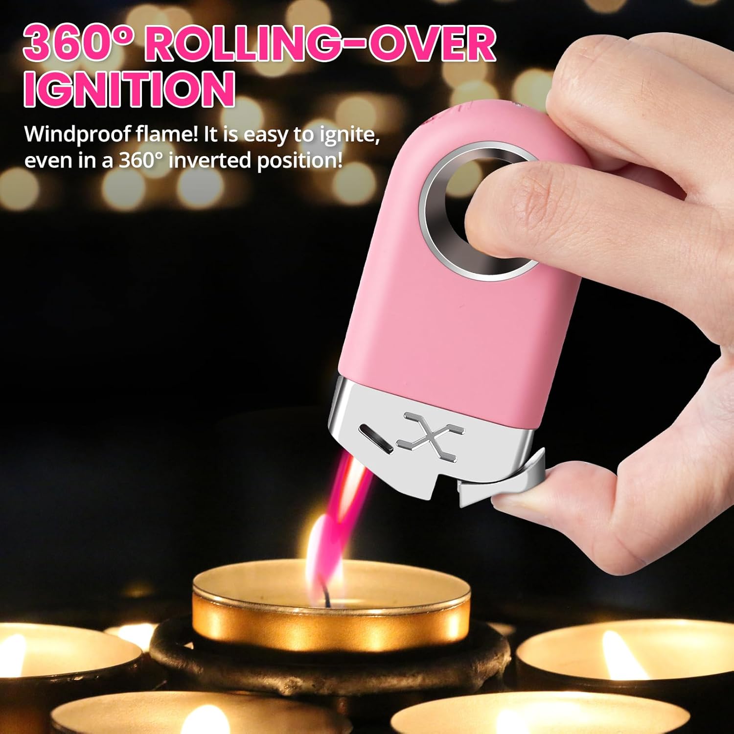 Cool Lighter with Funny Fidget Ring, Pink Keychain Lighters Refillable Butane Torch for Candle BBQ, Creative Gifts for Men Women, EDC Spinner Lighter with Windproof Jet Flame