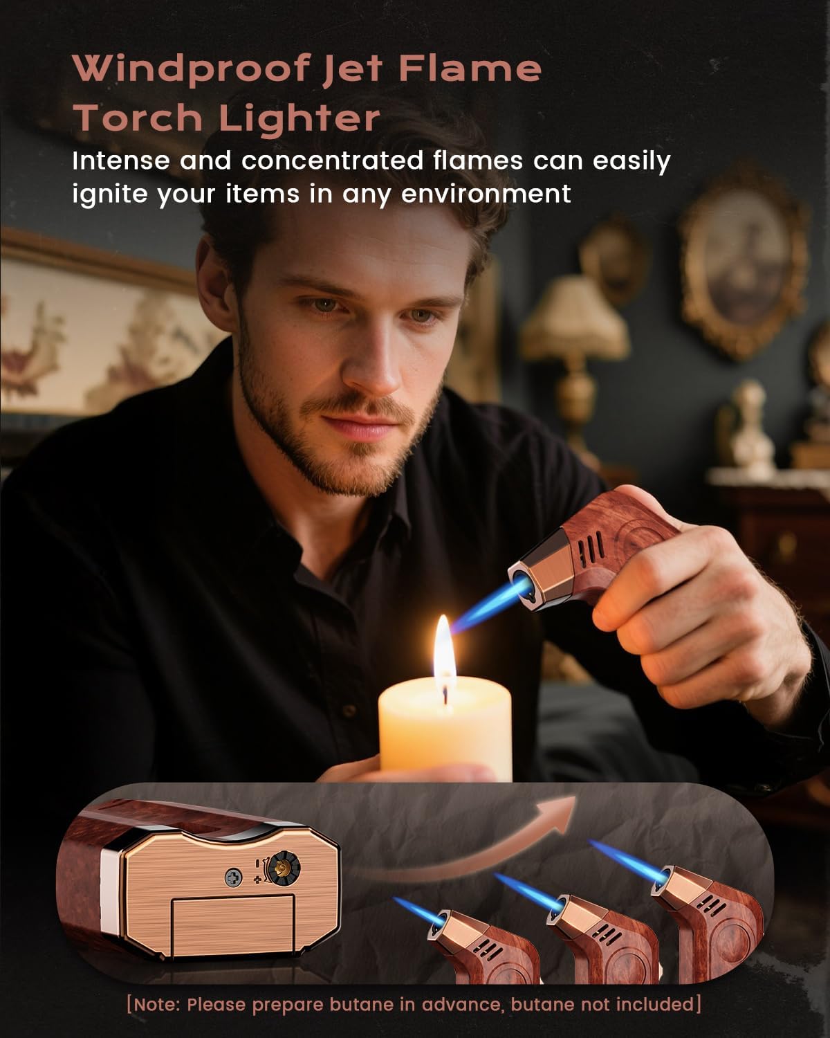 2-Pack Torch Lighter with Windproof Jet Flame, Holder, Built-in Cutter, All-in-one Lighter Accessories, Lighters for Men with Gift Box, Refillable Butane Lighter for Candle, Outdoors