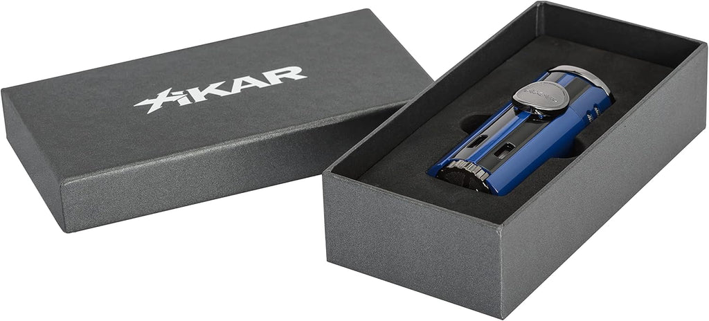 Xikar High Performance HP4 Diamond Quad Flame Cigar Lighter, in Attractive Gift Box, in-line Fuel Adjustment Wheel, Oversized Double EZ-View Fuel Window, Blue