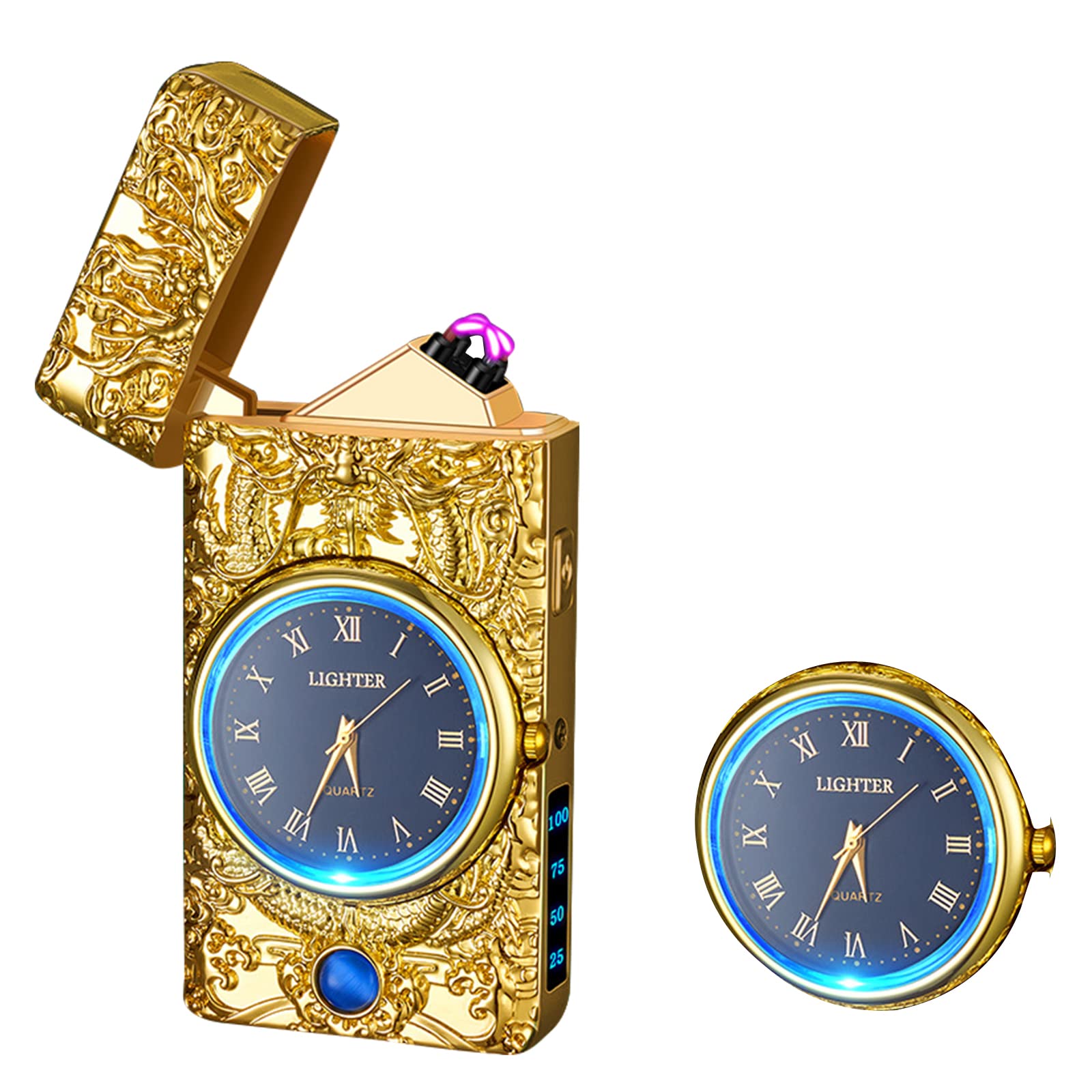 Watch Lighter Dual Arc Plasma Electric Lighters USB Rechargeable Lighters with LED Battery Display Cool Lighter with Clock & Flashlight,Unique Gift for Men and Women (Boat Blue)