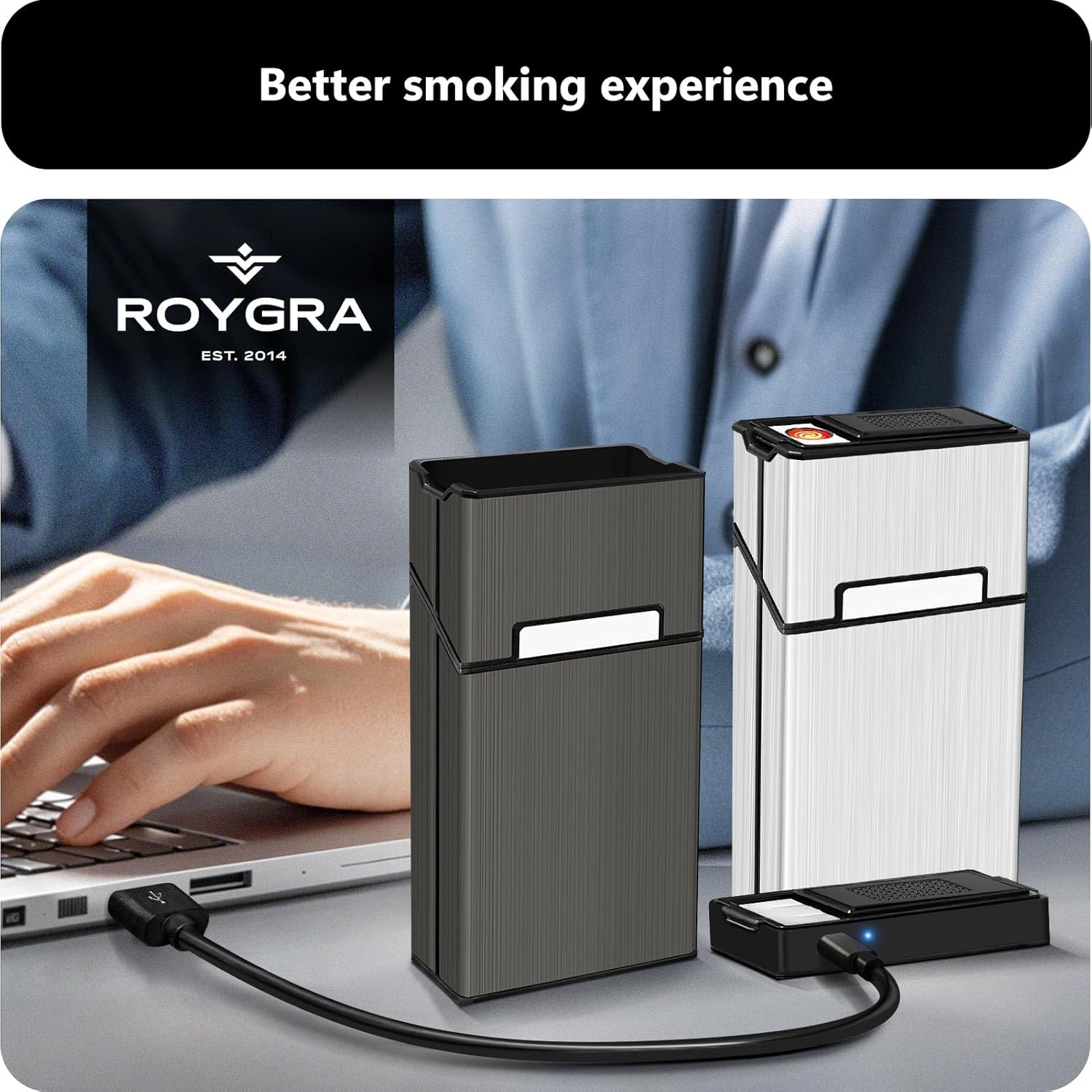 roygra Cigarette Case with Lighter 100s King Size (2 Pack), Magnetic Switch 20 Capacity Holder Case for Men Women, Cigarettes Smoking Accessories, Rechargeable Flameless Windproof Electric Lighters