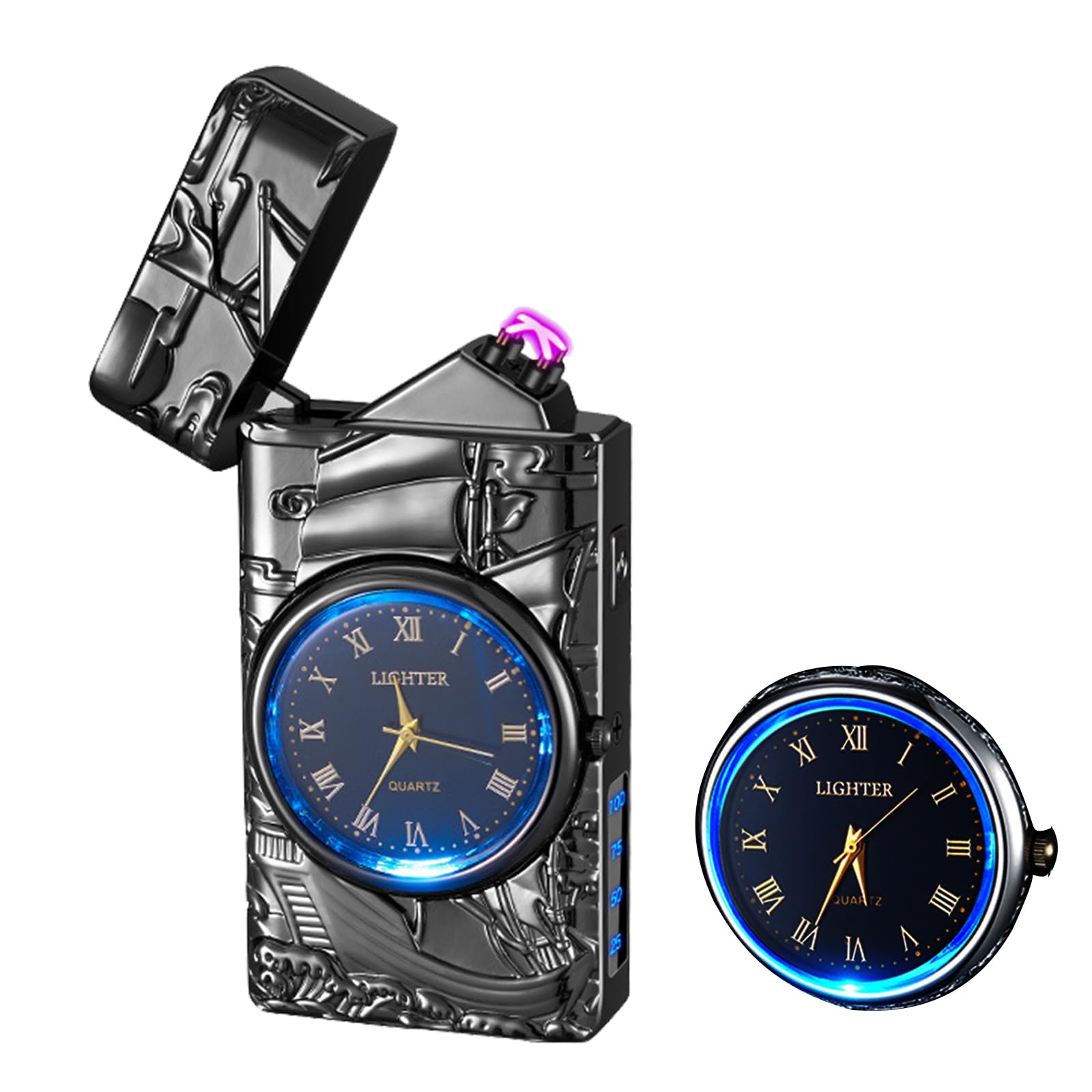 Watch Lighter Dual Arc Plasma Electric Lighters USB Rechargeable Lighters with LED Battery Display Cool Lighter with Clock & Flashlight,Unique Gift for Men and Women (Boat Blue)