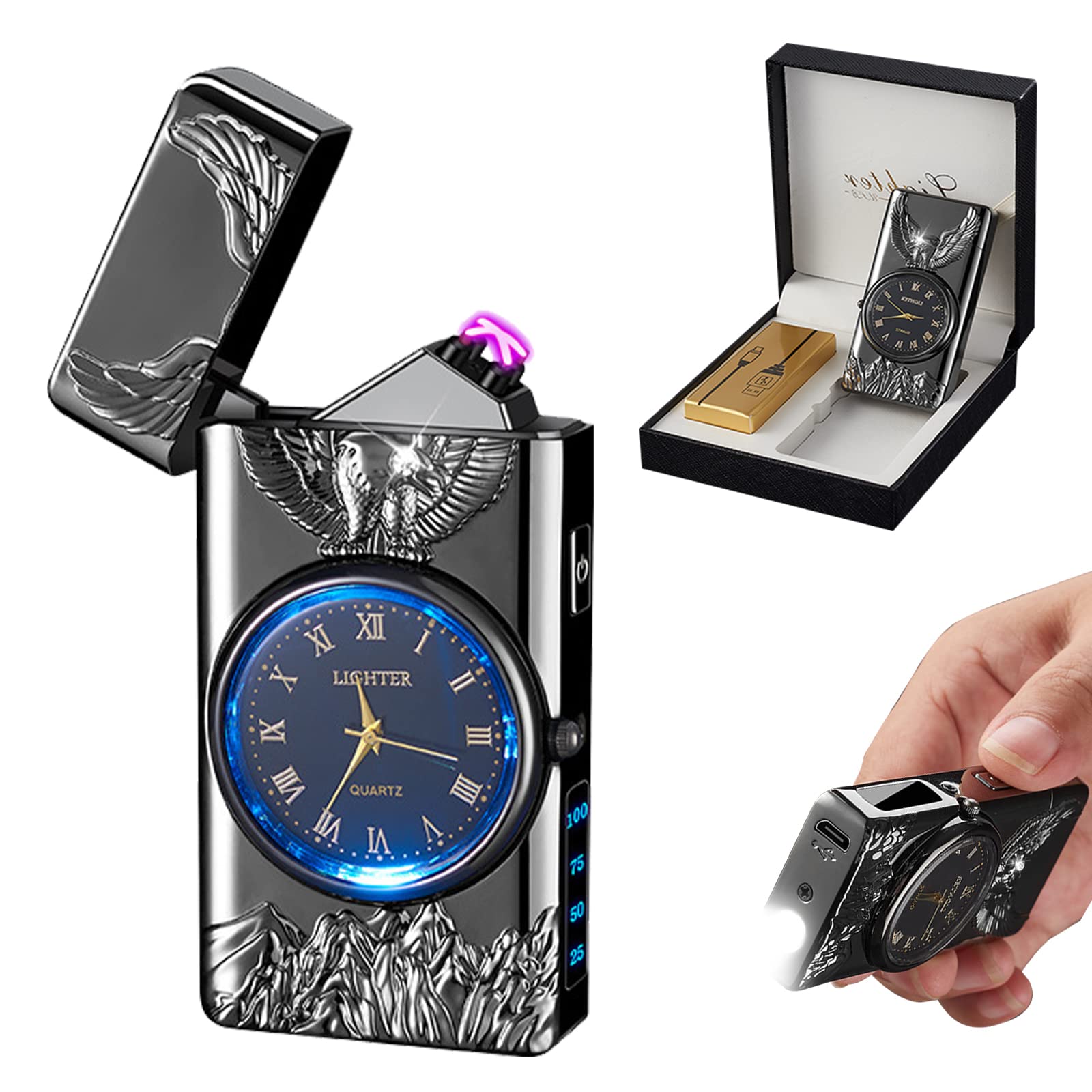 Watch Lighter Dual Arc Plasma Electric Lighters USB Rechargeable Lighters with LED Battery Display Cool Lighter with Clock & Flashlight,Unique Gift for Men and Women (Boat Blue)